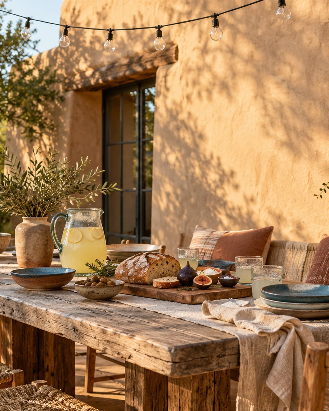 Cozy fall dinner party table outdoors with stoneware, fresh bread and string lights against a sunlit adobe wall