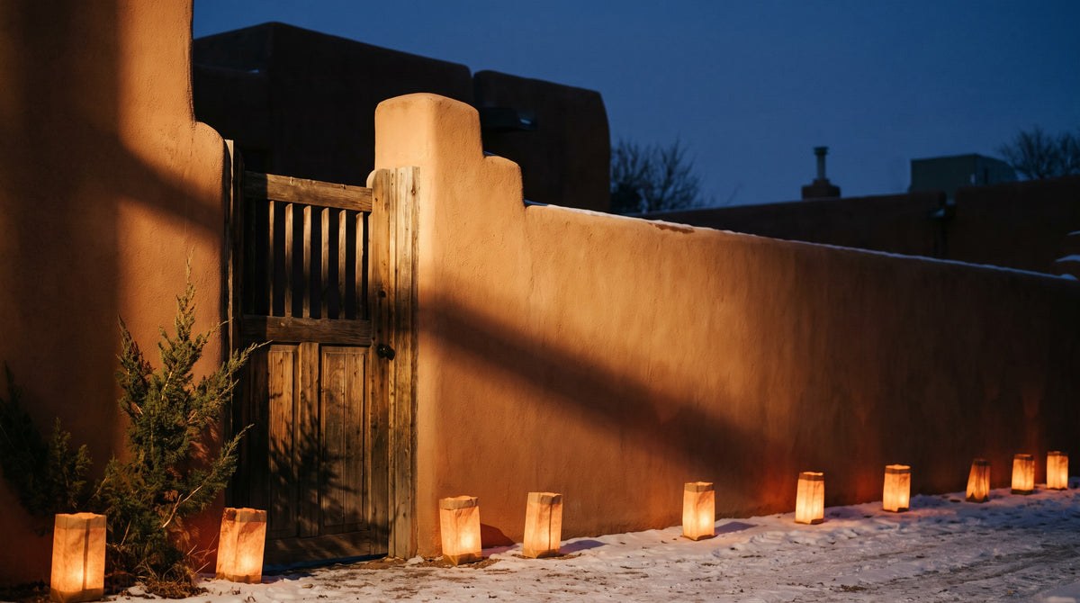 Farolitos glowing along a snow-dusted adobe wall and gate at dusk, a classic Santa Fe Christmas tradition