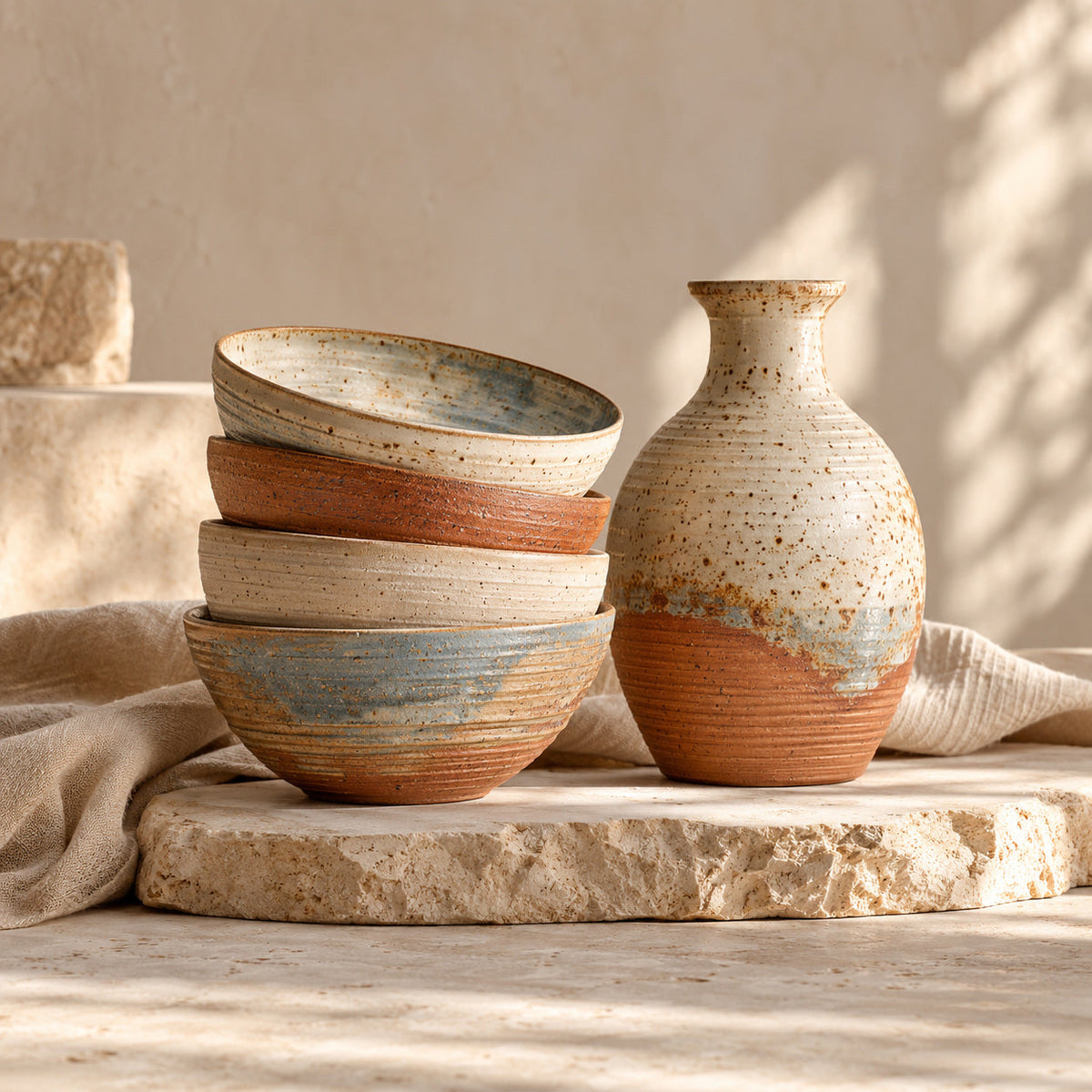 Handmade ceramic vases in bone and terracotta tones styled in a group on a wooden shelf, Santa Fe style