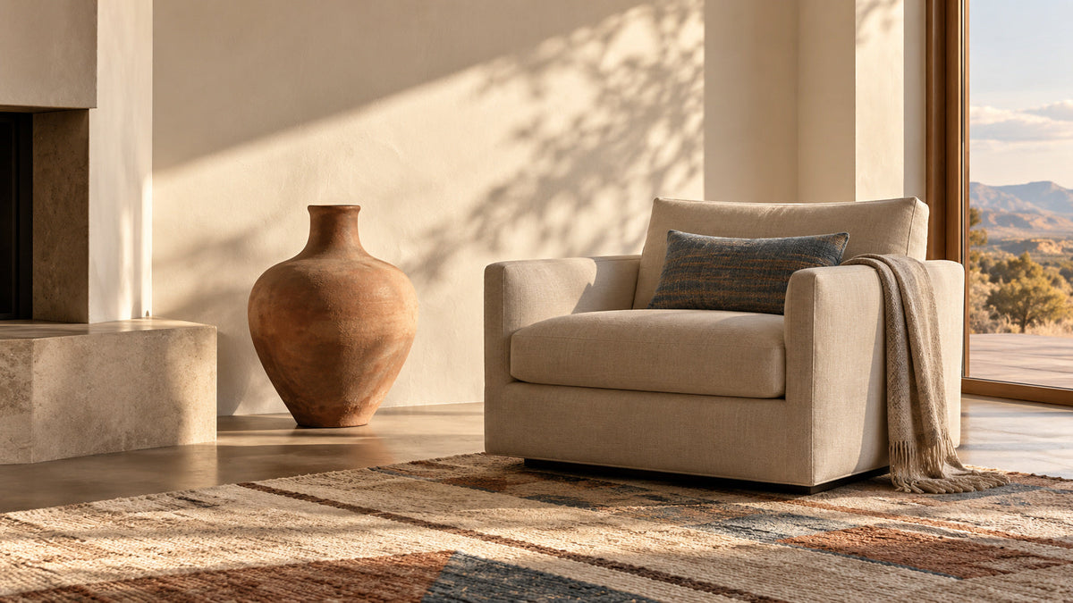 Linen armchair, sculptural terracotta vessel and muted geometric wool rug against a warm plaster wall.