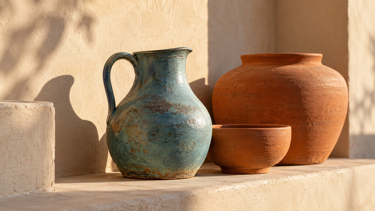 Patina-blue glazed pitcher beside terracotta pots and a bowl on a sunlit plaster ledge.