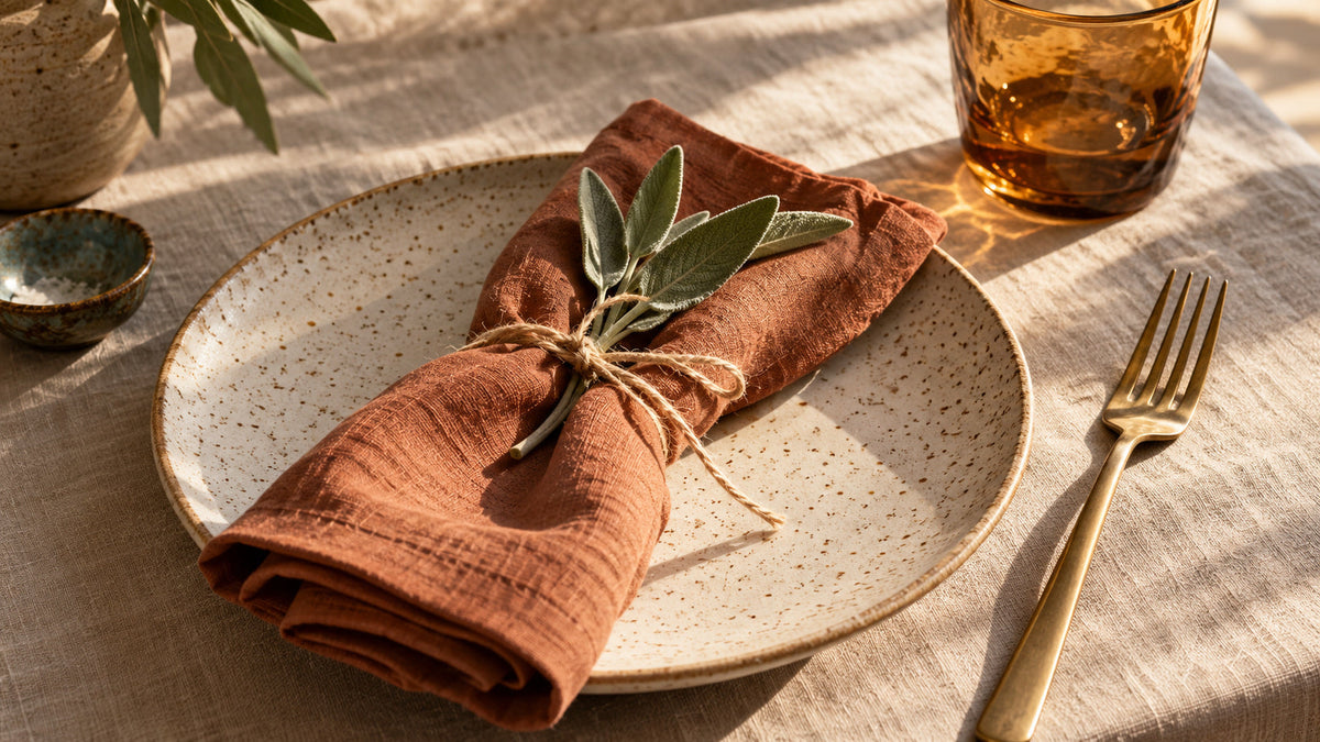 Speckled stoneware plate with a terracotta napkin, twine, sage, amber glass and brass fork on linen.