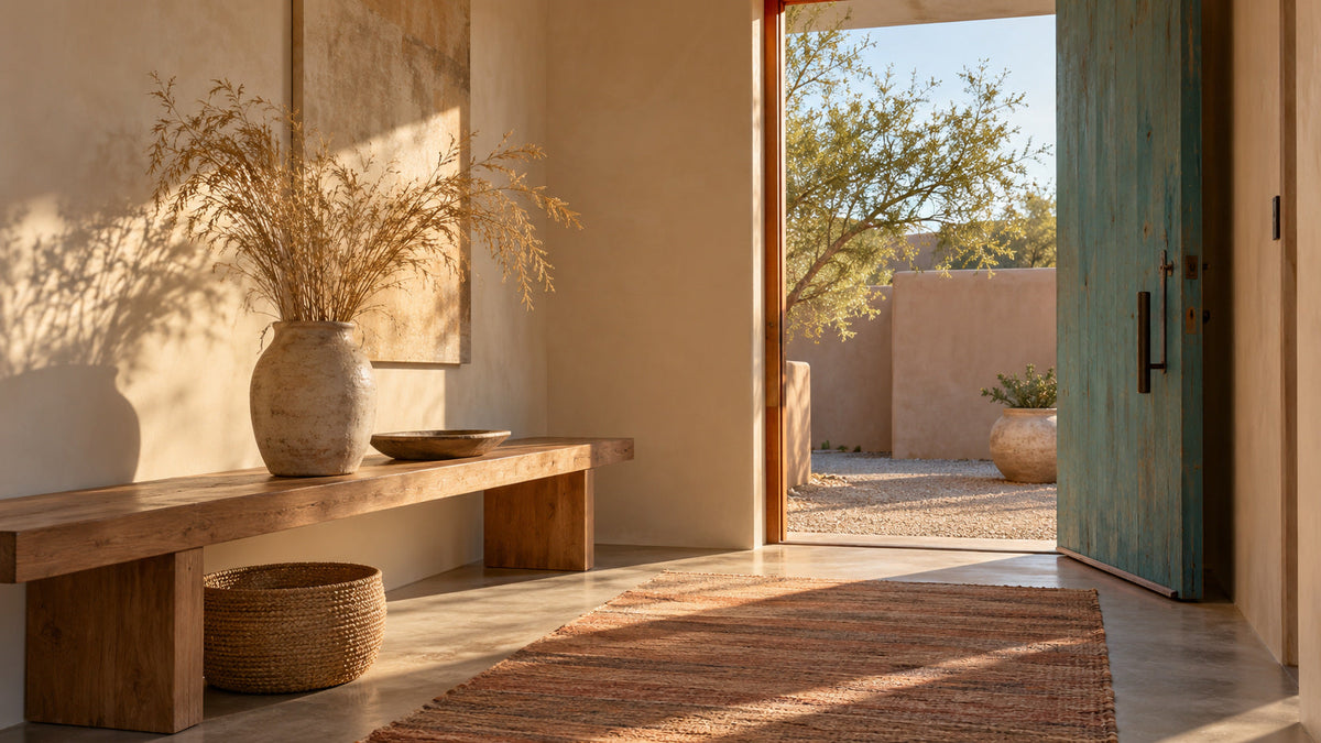 Sunlit adobe entryway with a wooden bench, woven basket, dried grasses and an open turquoise courtyard door.