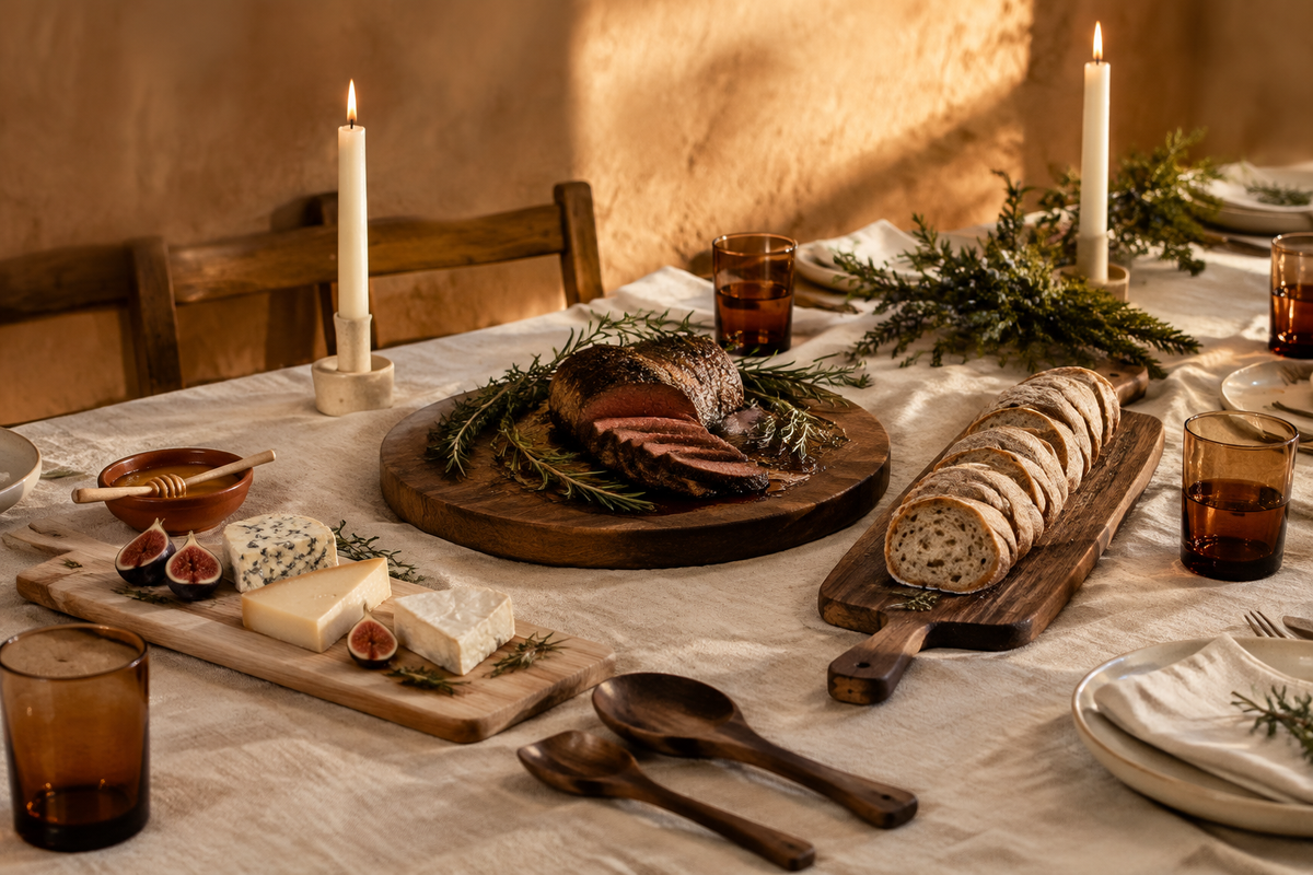 Walnut and maple wooden serving boards for entertaining on a linen holiday table with roast, bread, cheese and candlelight