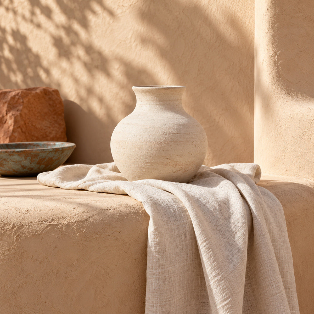 Bone linen draped over a rounded adobe ledge beside a cream ceramic vessel.
