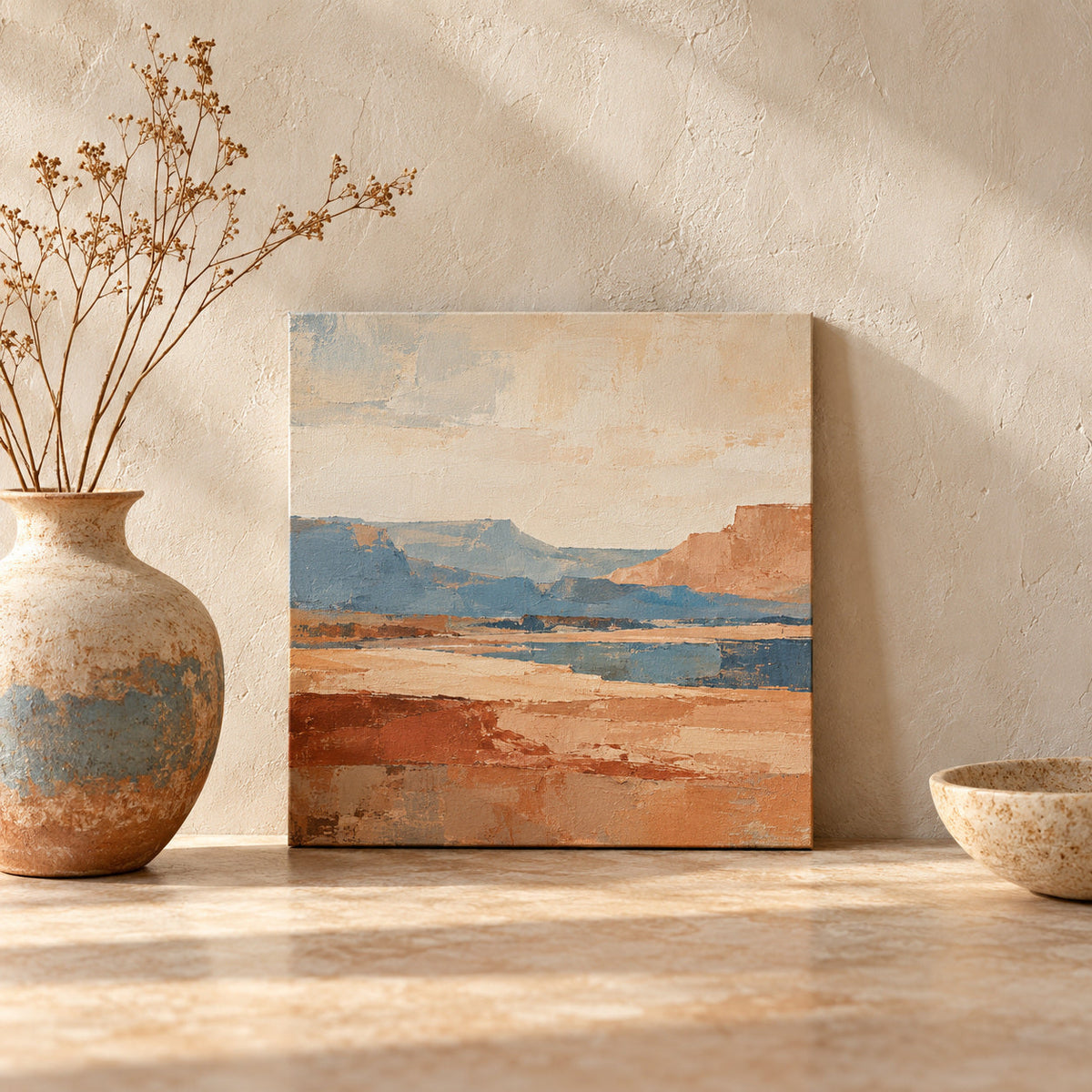Small abstract desert landscape painting leaning against a plaster wall beside a ceramic vase.