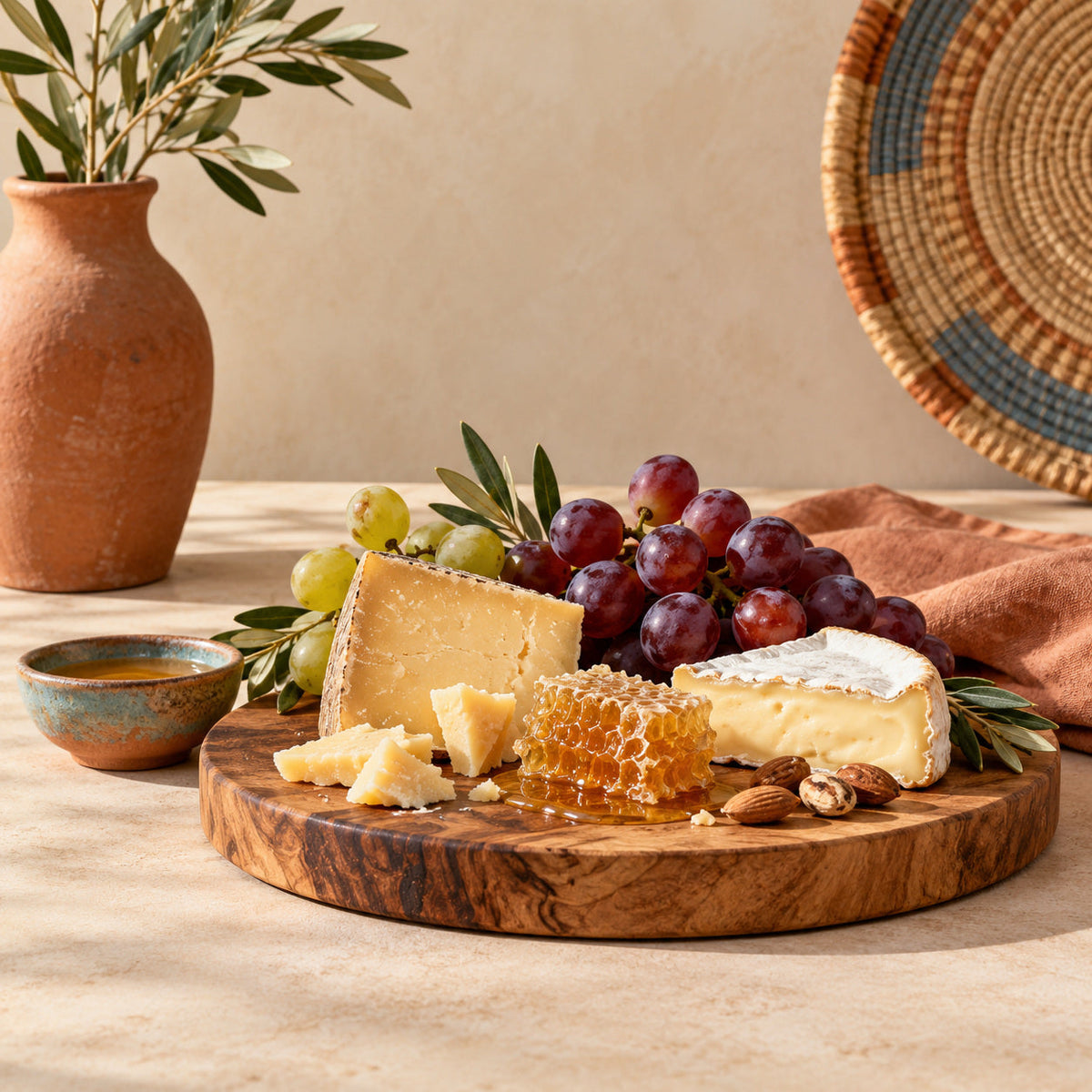 Wooden cheese board with cheese, honeycomb and grapes beside a woven serving tray.