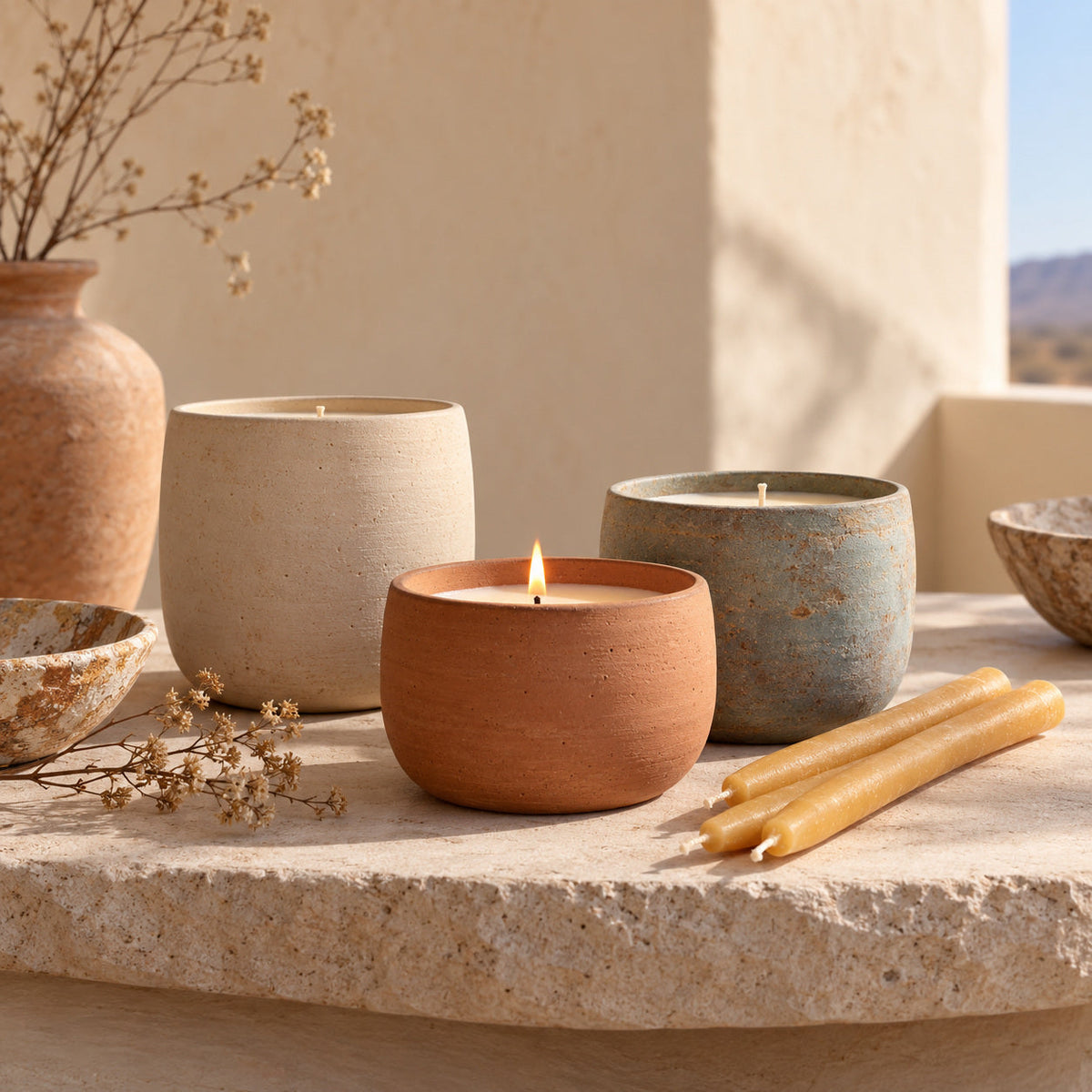 Candles in matte clay vessels, including a lit candle, with beeswax tapers on a warm neutral surface.