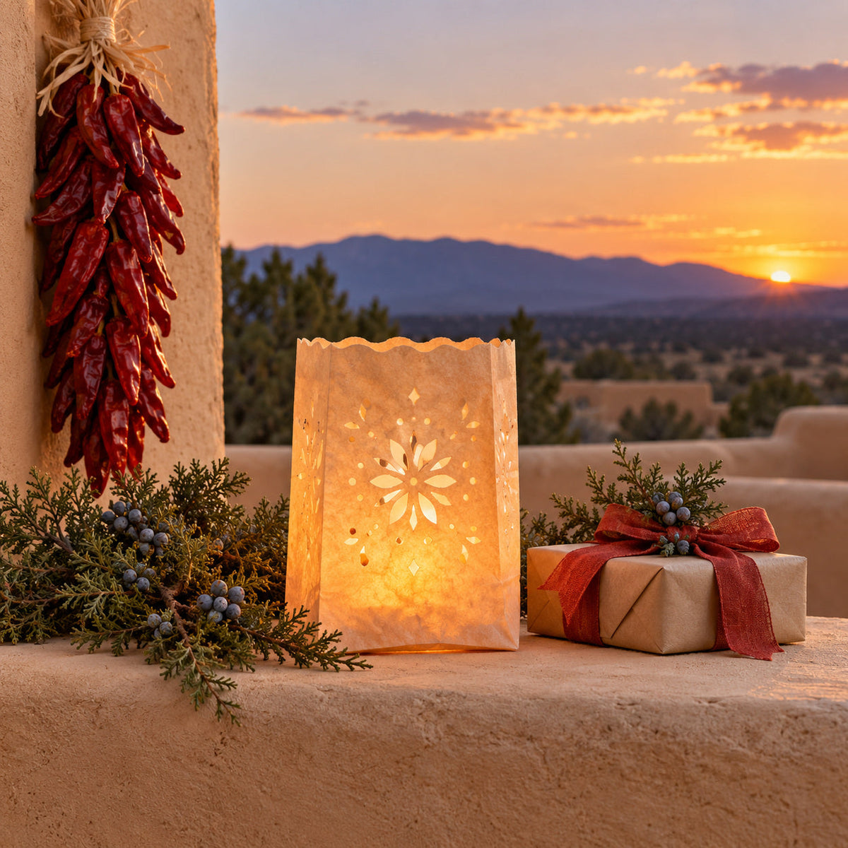 Glowing farolito, juniper sprigs, red chile ristra and wrapped gift on an adobe ledge at dusk.