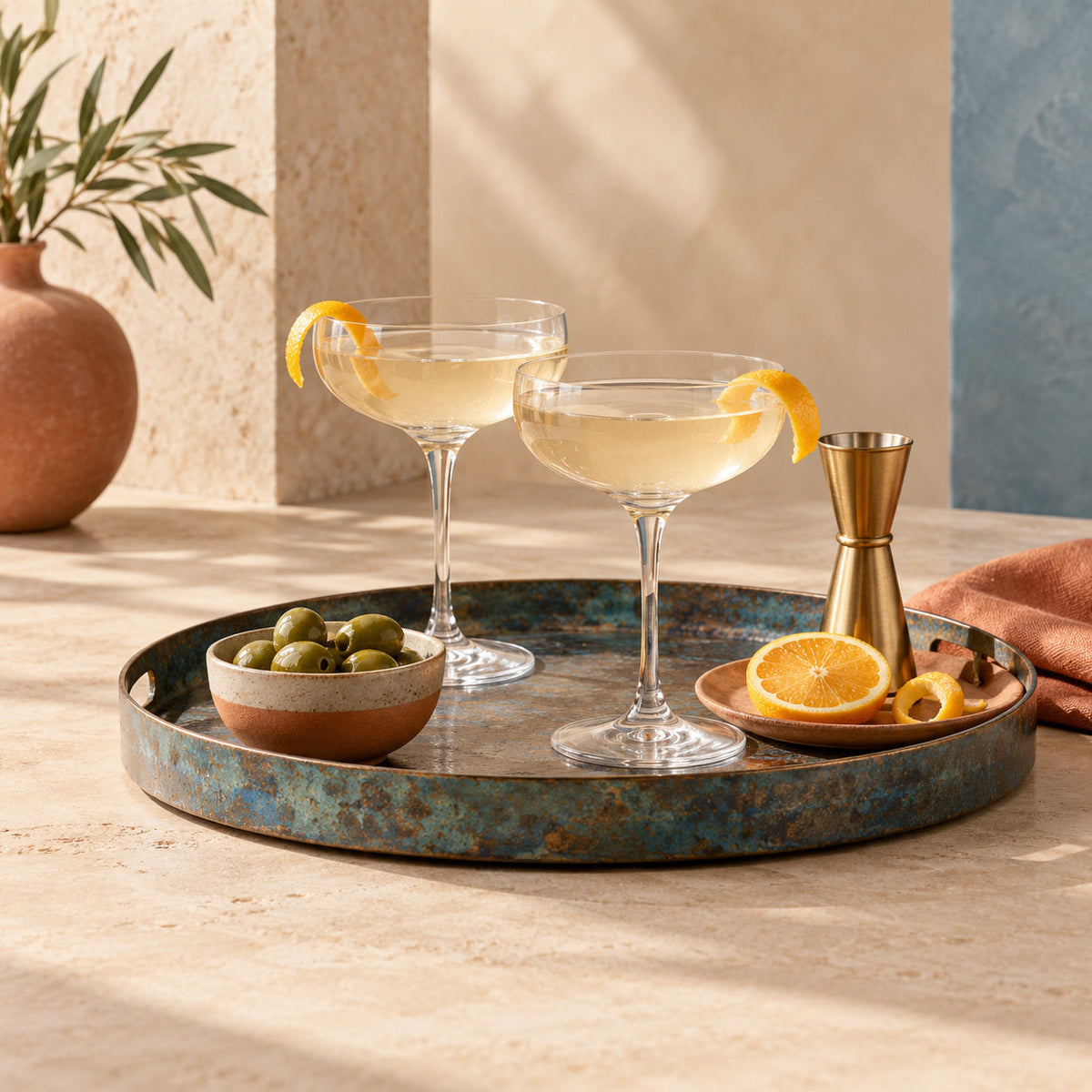 Two coupe glasses, citrus garnish, brass jigger and a bowl of olives on a bar tray.