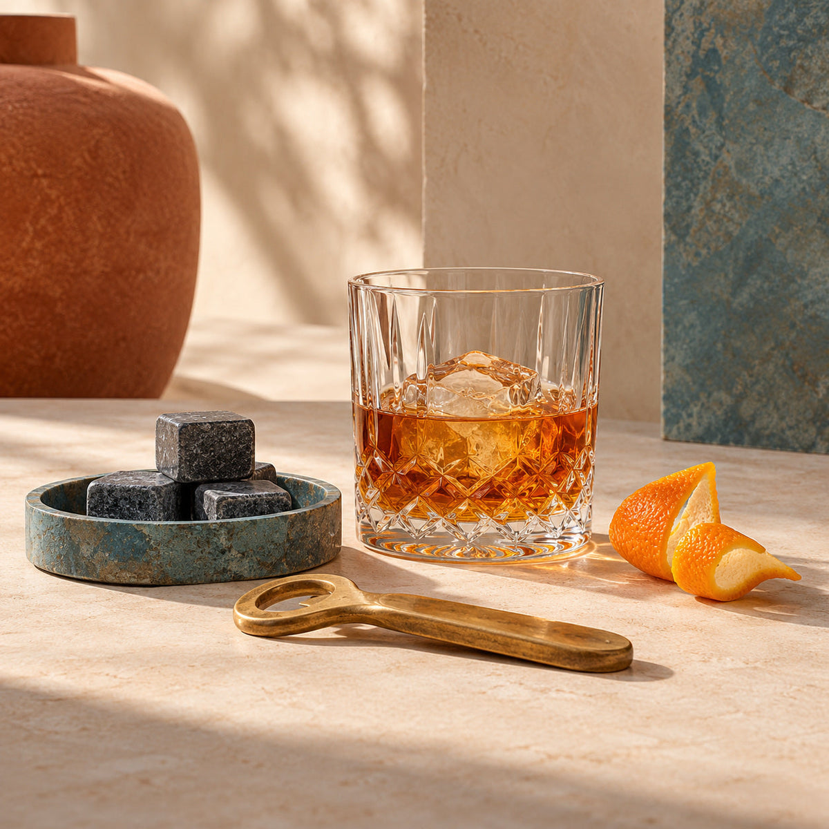 Crystal tumbler, whiskey stones, brass bottle opener and citrus peel arranged as a bar set.