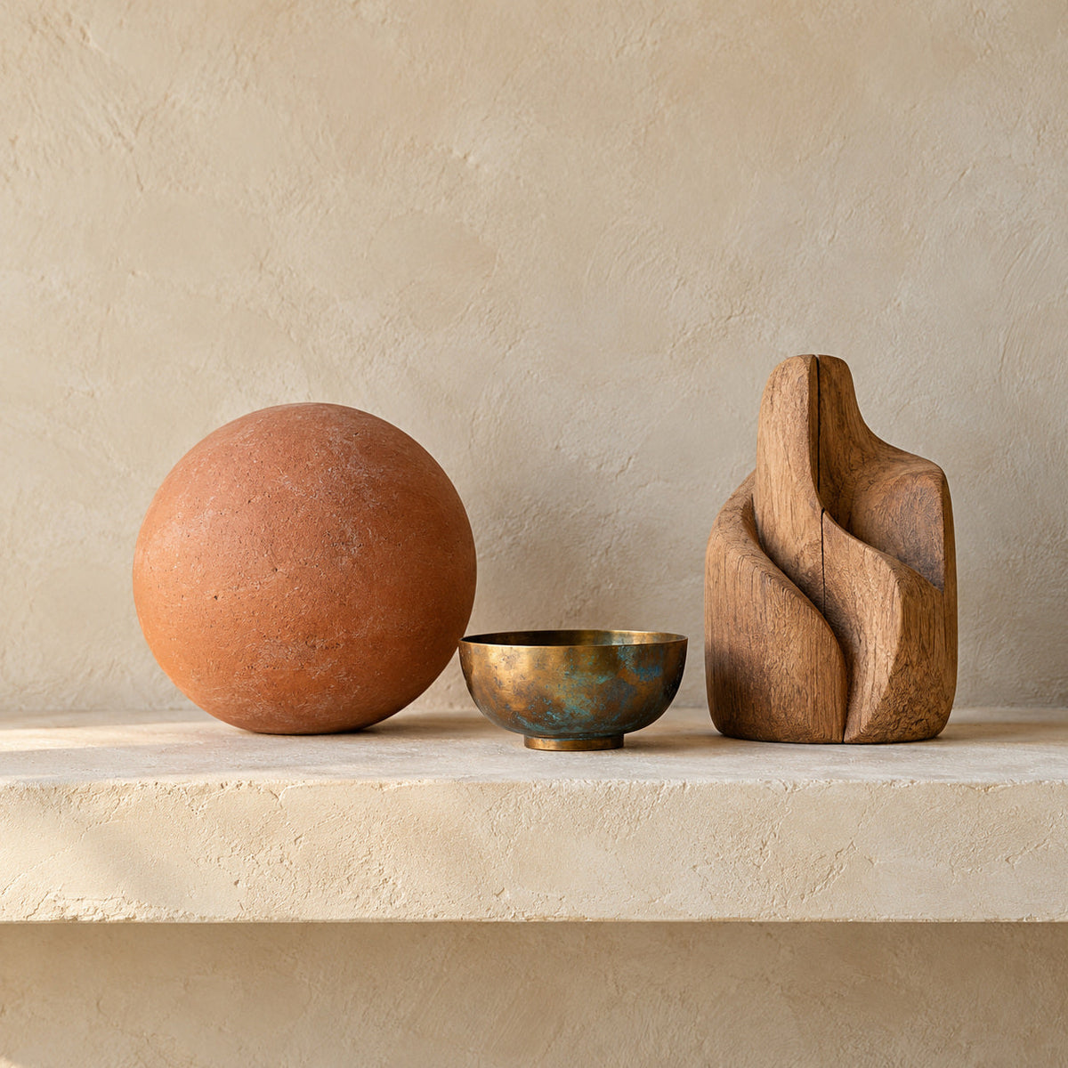 Terracotta orb, small brass bowl and carved wood sculpture arranged on a plaster shelf.