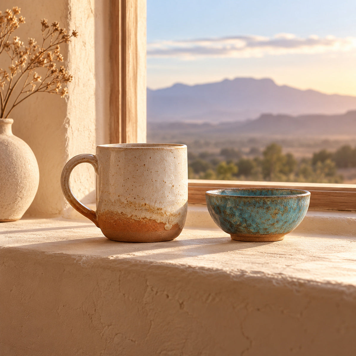 Ceramic coffee mug and patina-blue bowl on a plaster windowsill in soft dawn light.