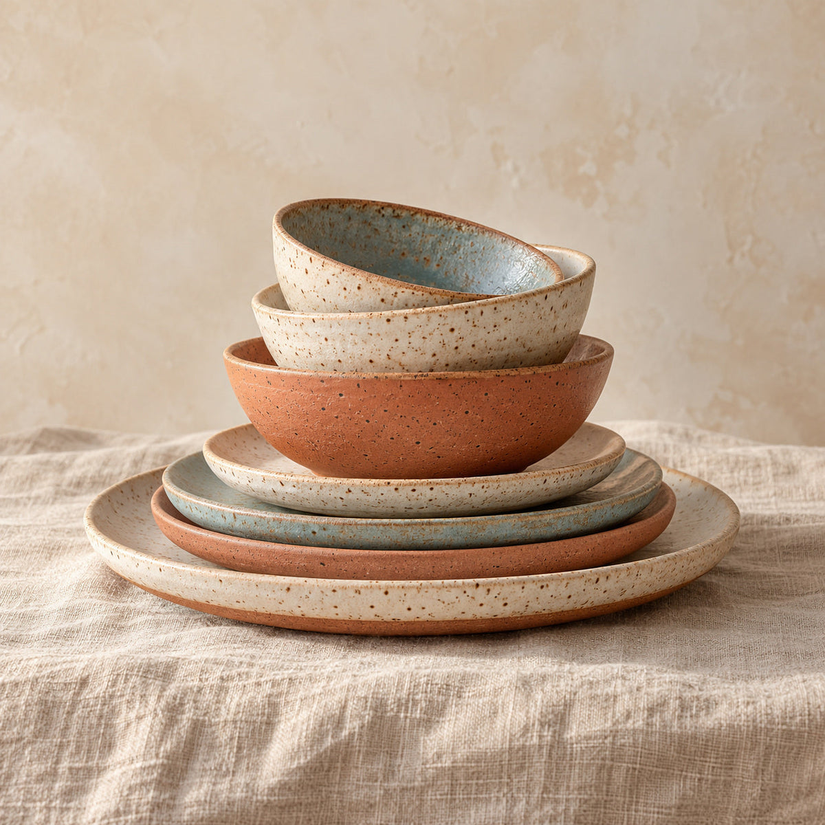 Stacked speckled stoneware plates and bowls in cream and terracotta on natural linen.