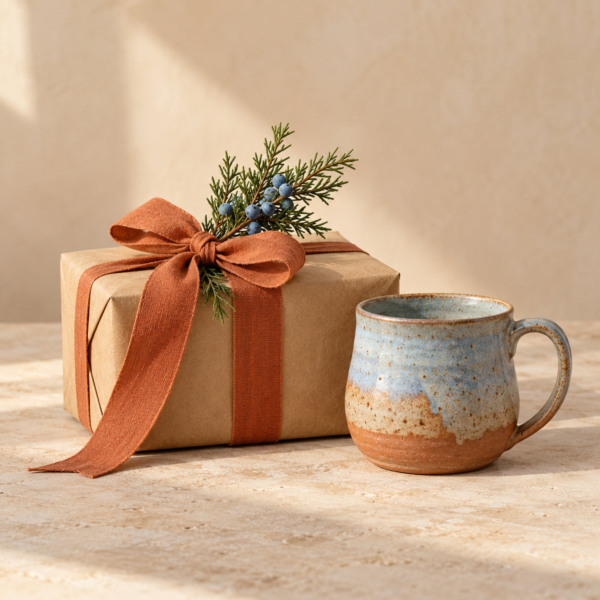 Kraft-paper gift with terracotta ribbon and juniper beside a handmade ceramic mug.