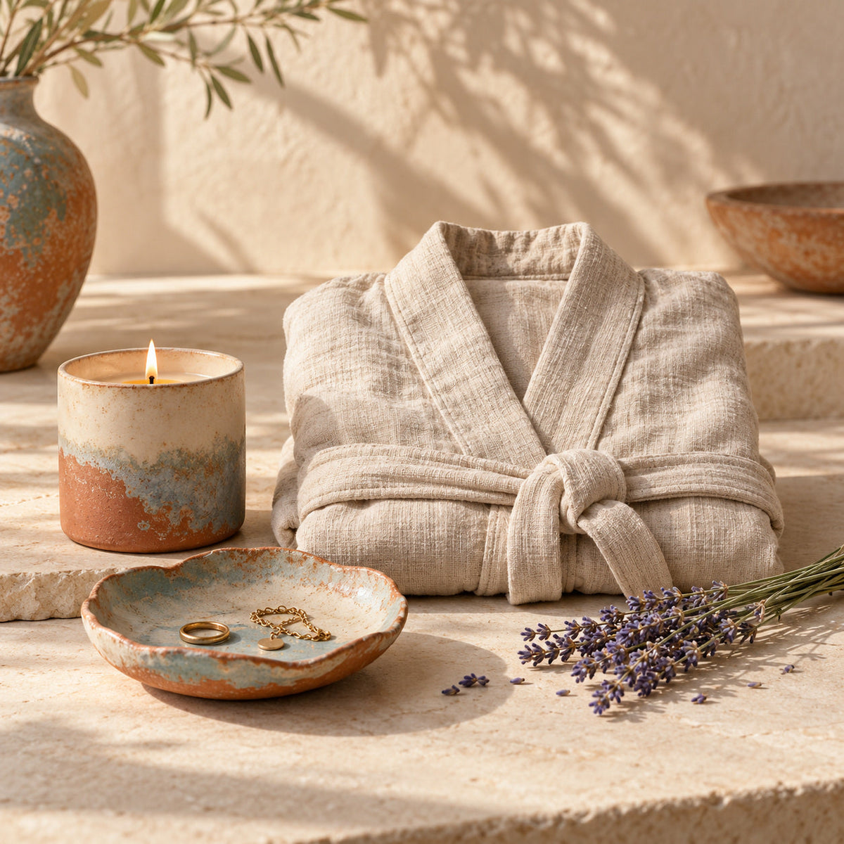 Ceramic jewelry dish, candle, folded linen robe and lavender on a warm neutral surface.