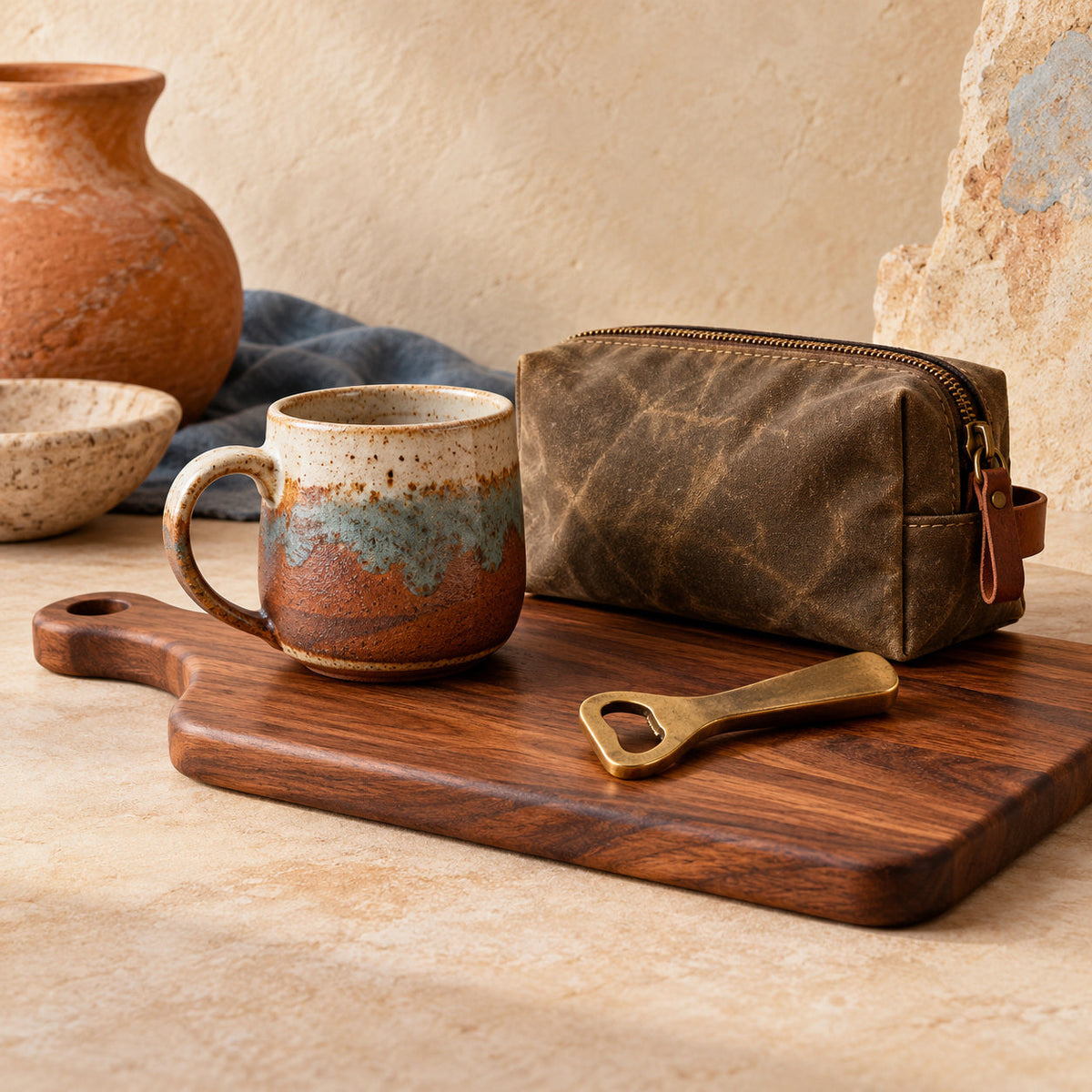Walnut board, handmade mug, weathered brown pouch and brass bottle opener in warm dark tones.