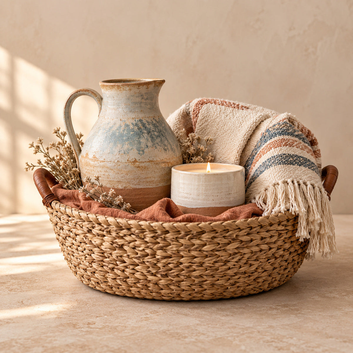 Stoneware pitcher, folded throw and candle arranged in a woven gift basket.