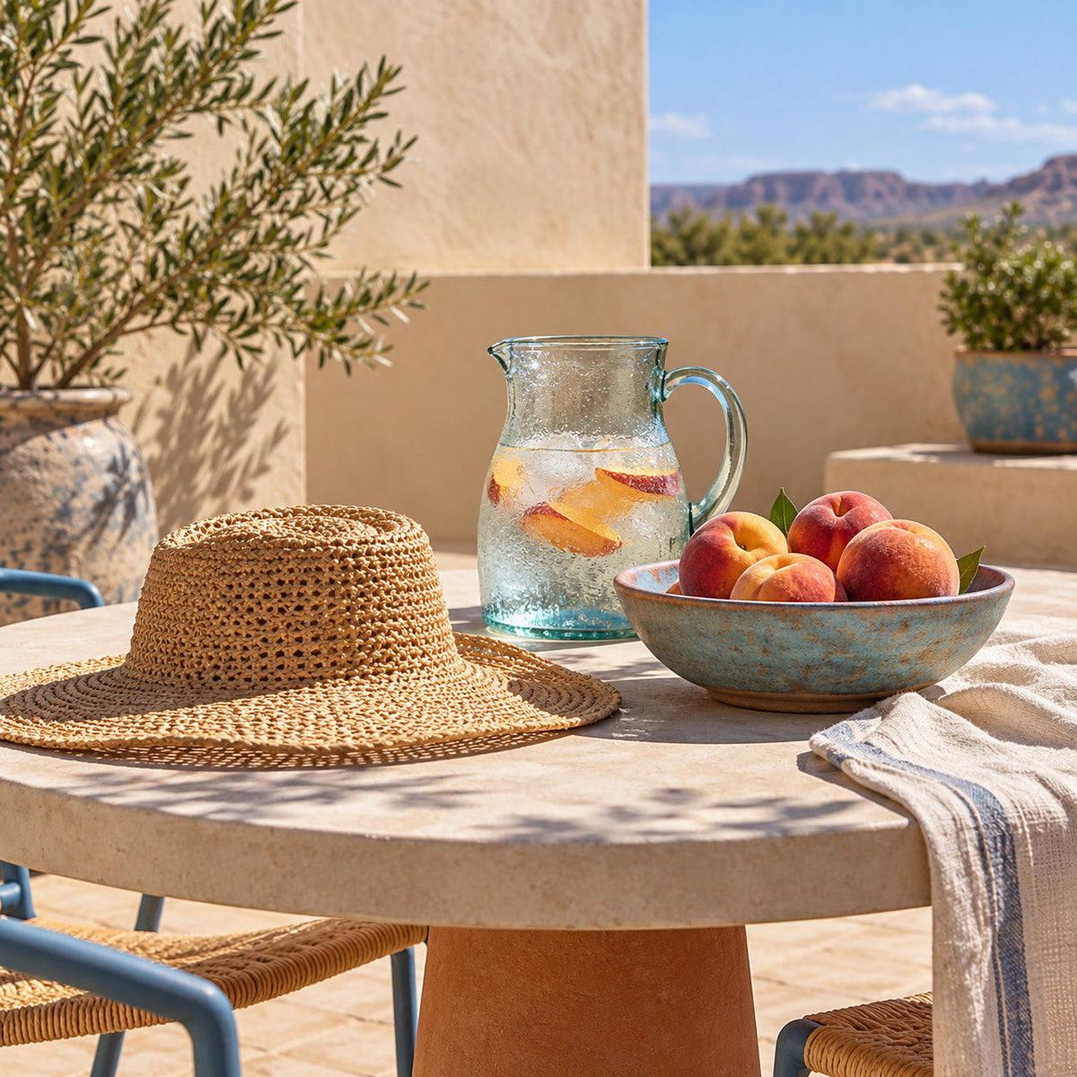 Woven hat, chilled glass pitcher and a bowl of peaches on an outdoor table in bright sun.