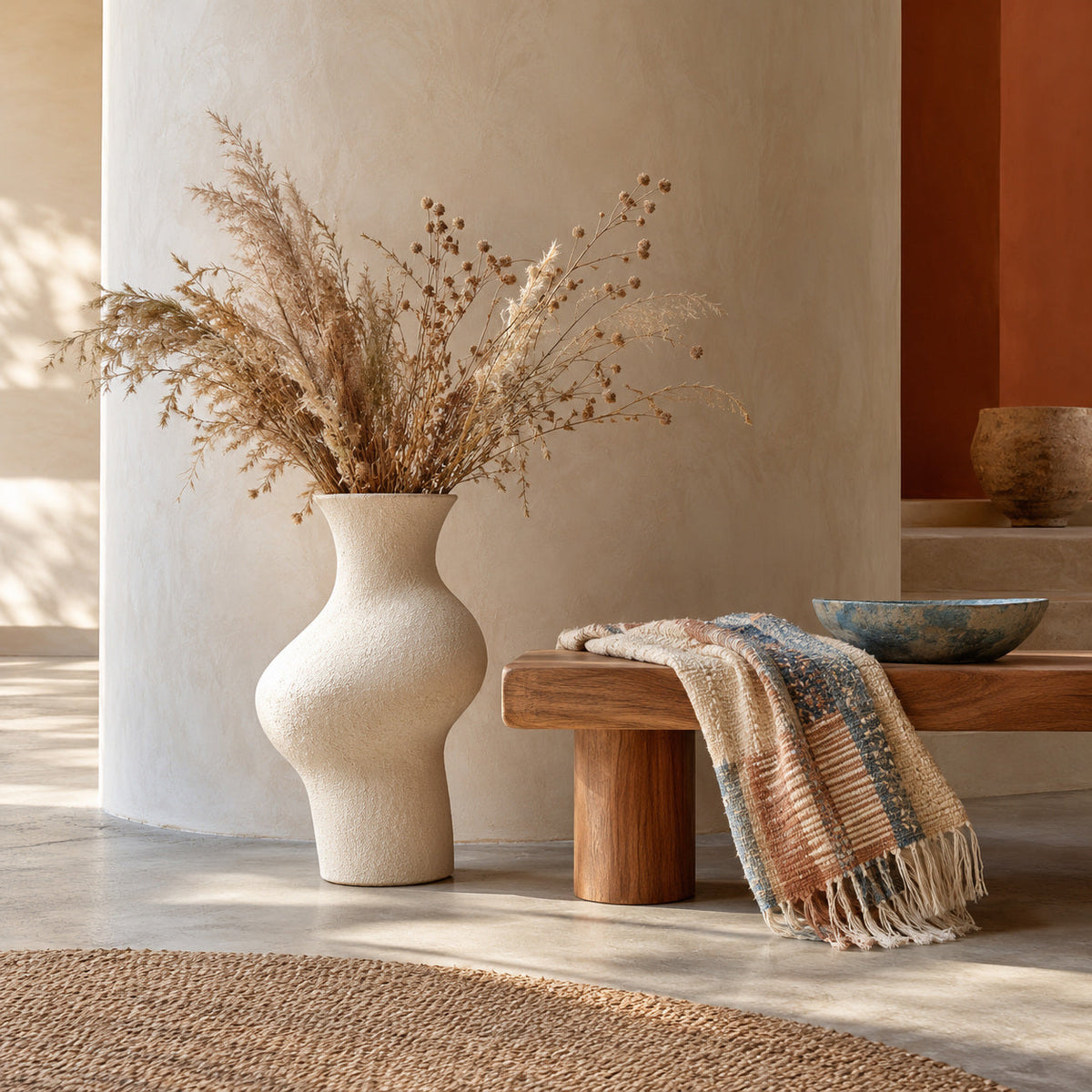 Cream ceramic vessel with dried grasses beside a woven throw on a low wood bench against curved plaster.