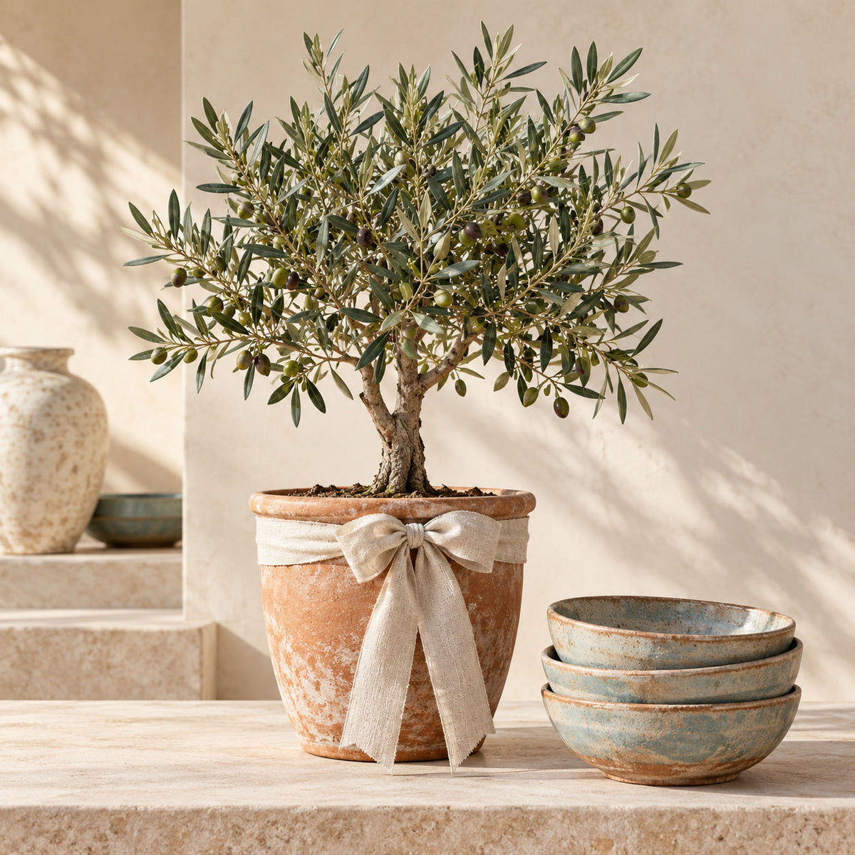 Olive tree in a terracotta planter with a linen bow beside stacked serving bowls.
