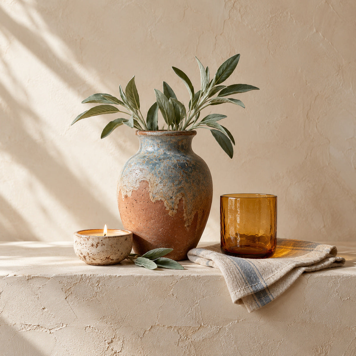 Ceramic vase, folded linen napkin, clay candle, amber glass and leafy sprigs on a warm plaster ledge.