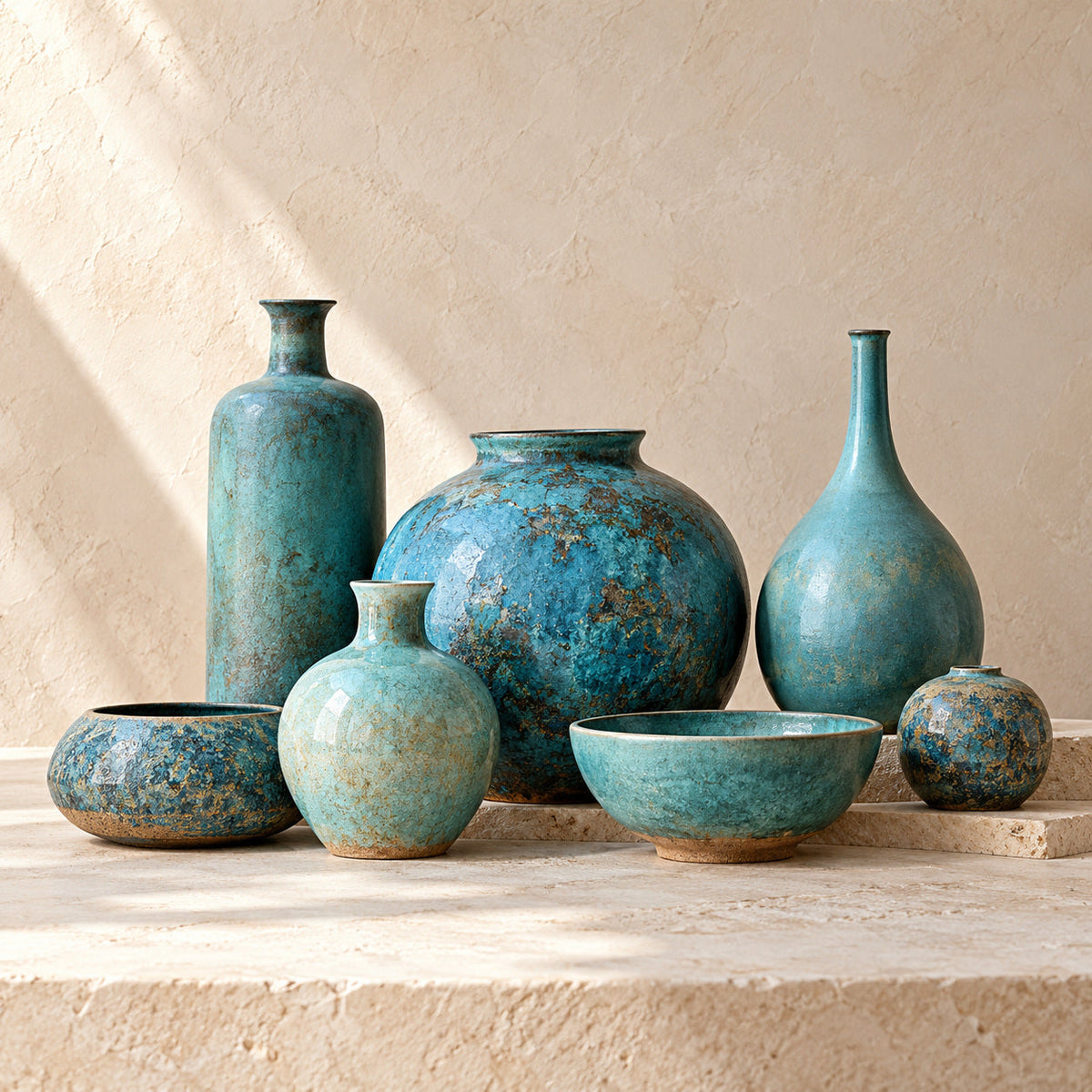 Turquoise and patina-blue glazed ceramics grouped against a bone plaster wall.