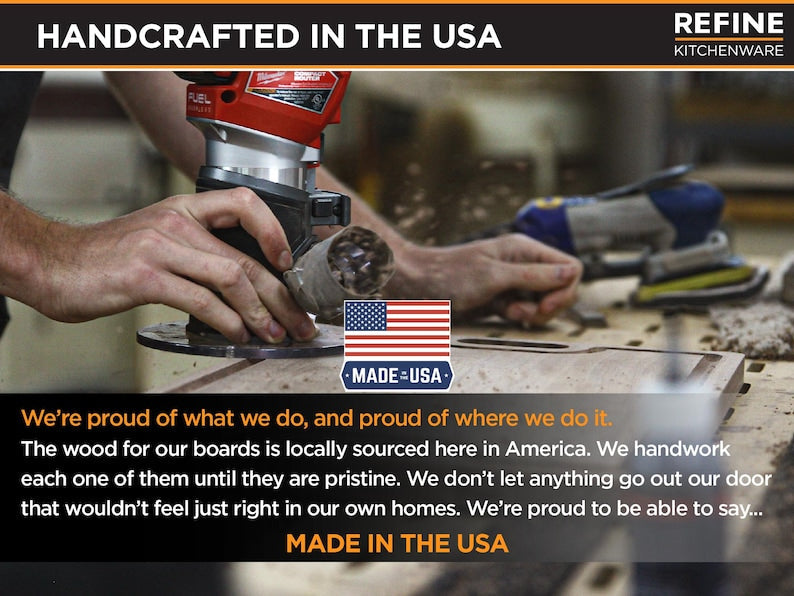 Woodworker routing a hardwood board in the US workshop, with a made in USA badge