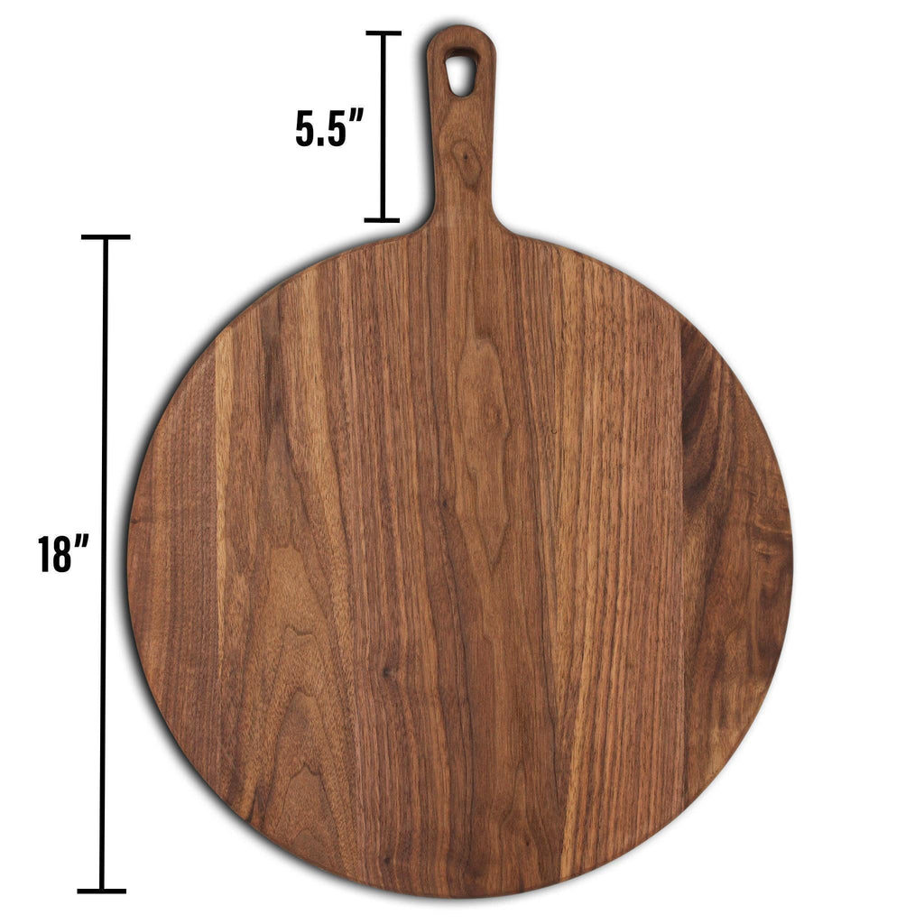 Round walnut pizza paddle with dimension lines marking the 18 inch circle and 5.5 inch handle