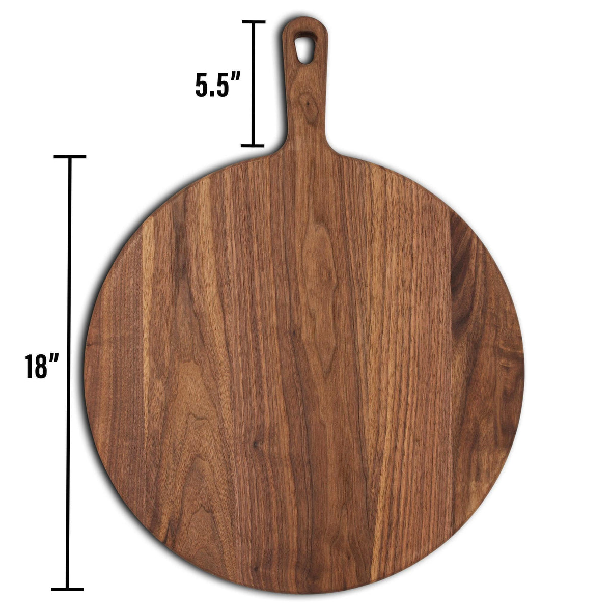 Round walnut pizza paddle with dimension lines marking the 18 inch circle and 5.5 inch handle