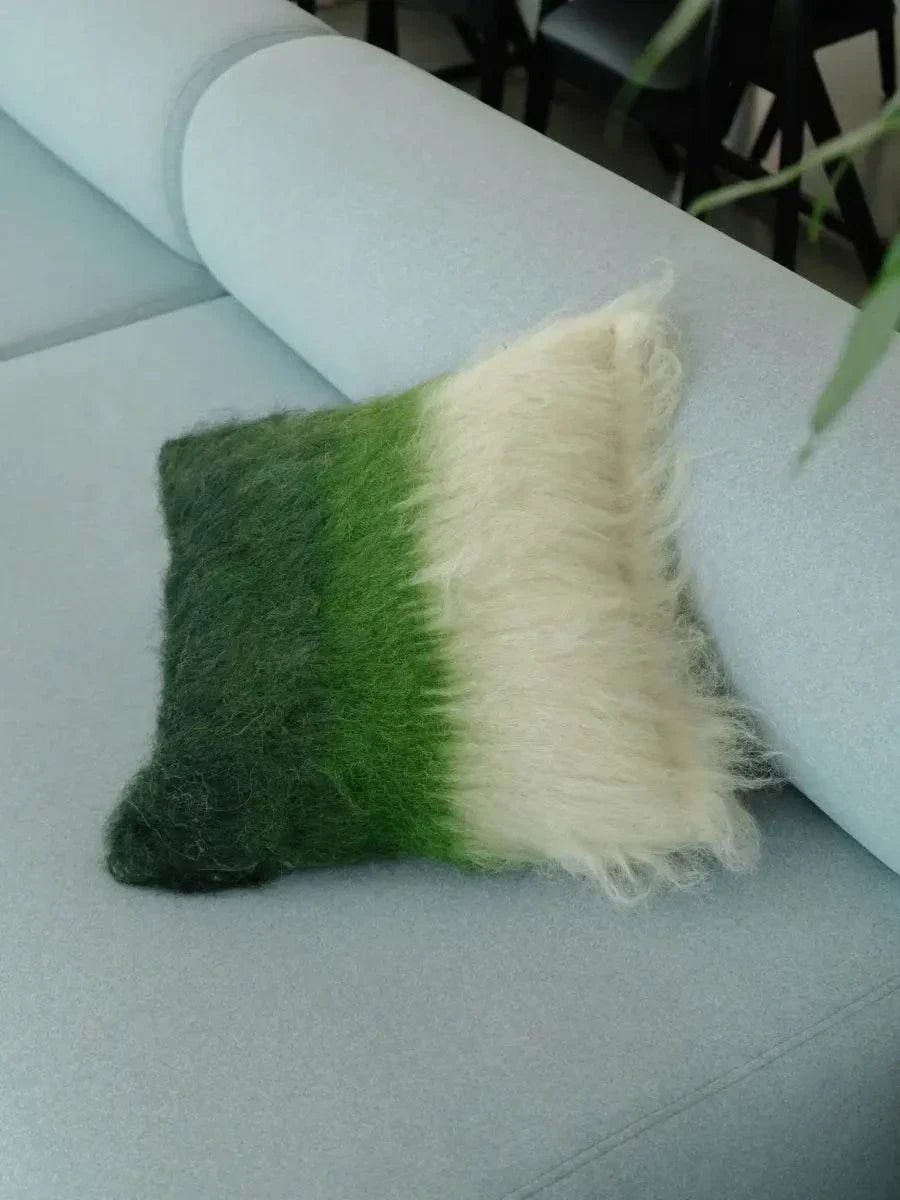 Handwoven Wool Pillow, Emerald and Cream, detail view