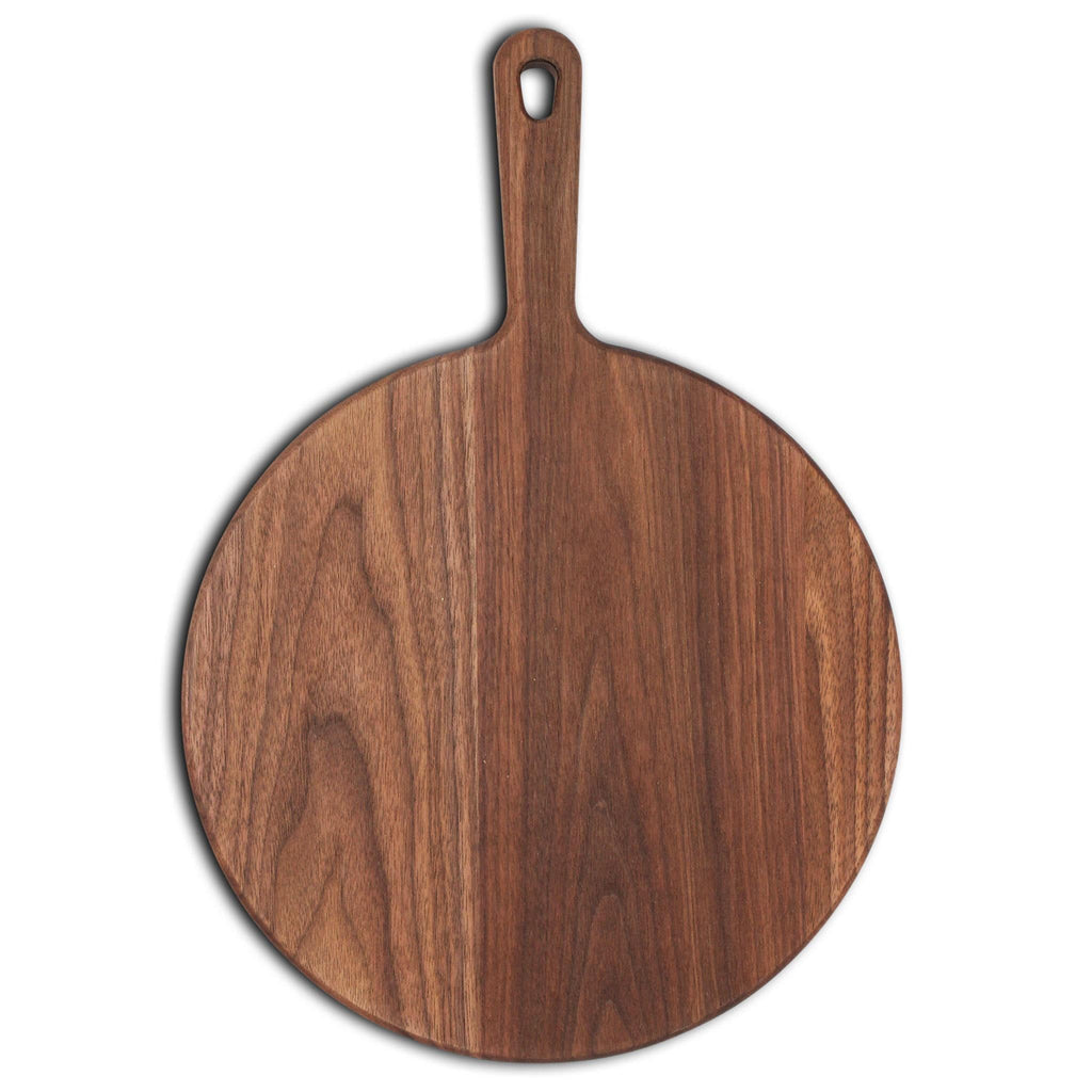 Round walnut pizza paddle, 18 in, straight overhead view on white showing the handle and hanging hole