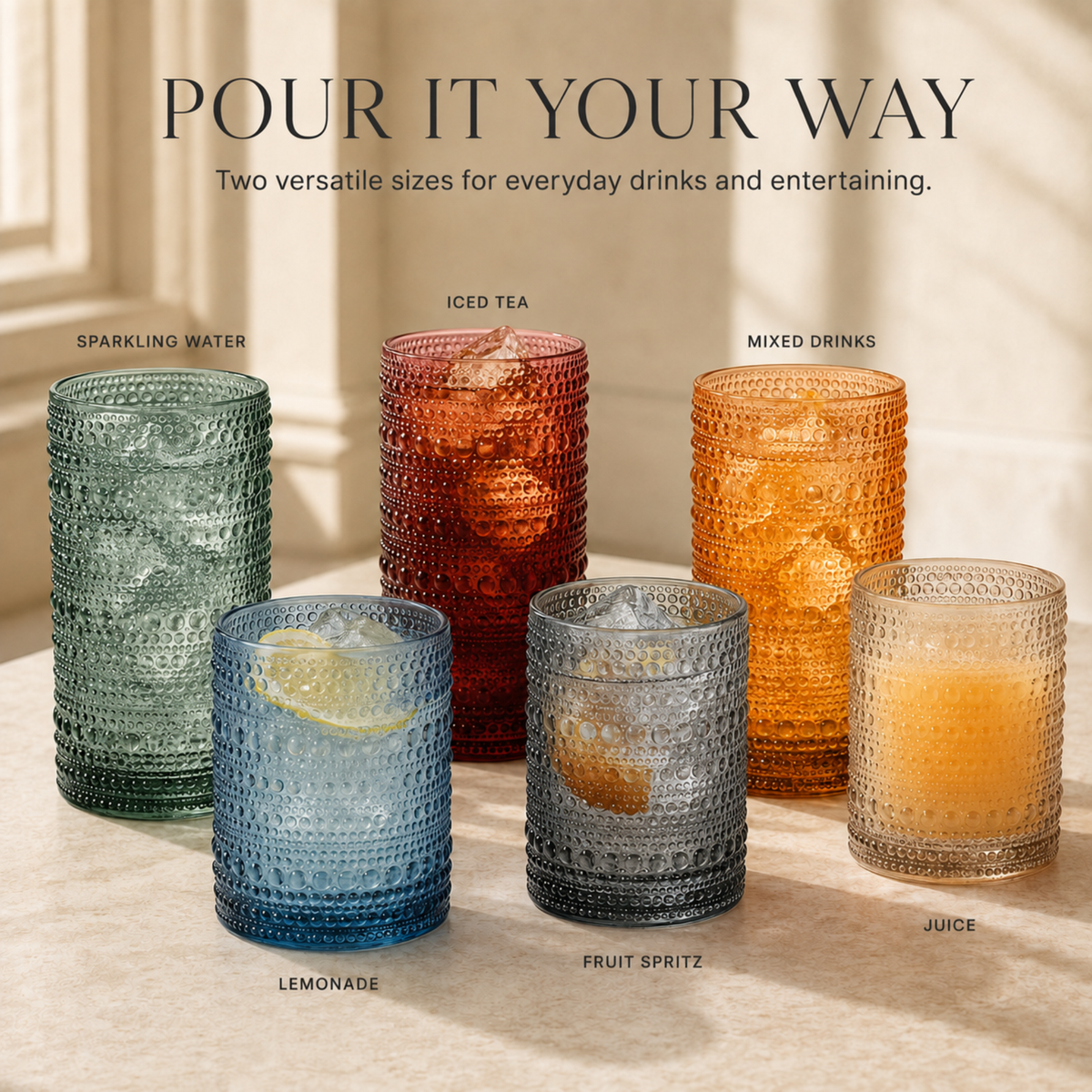 Muted Hobnail Highball and Lowball Glassware styled on a wood table with linen in a modern Southwest room