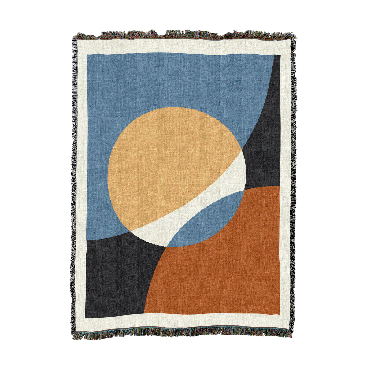 Woven cotton throw with a sand sun over clay and charcoal hills on slate blue, shown flat with fringed edges