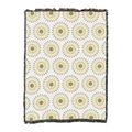 Woven cotton throw with rows of sand-colored sunbursts on a white ground, shown flat with fringed edges