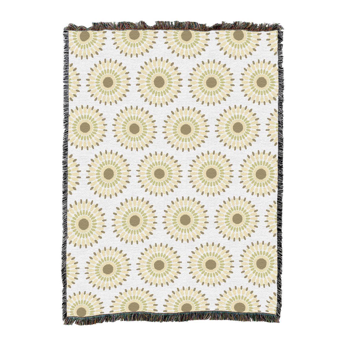 Woven cotton throw with rows of sand-colored sunbursts on a white ground, shown flat with fringed edges