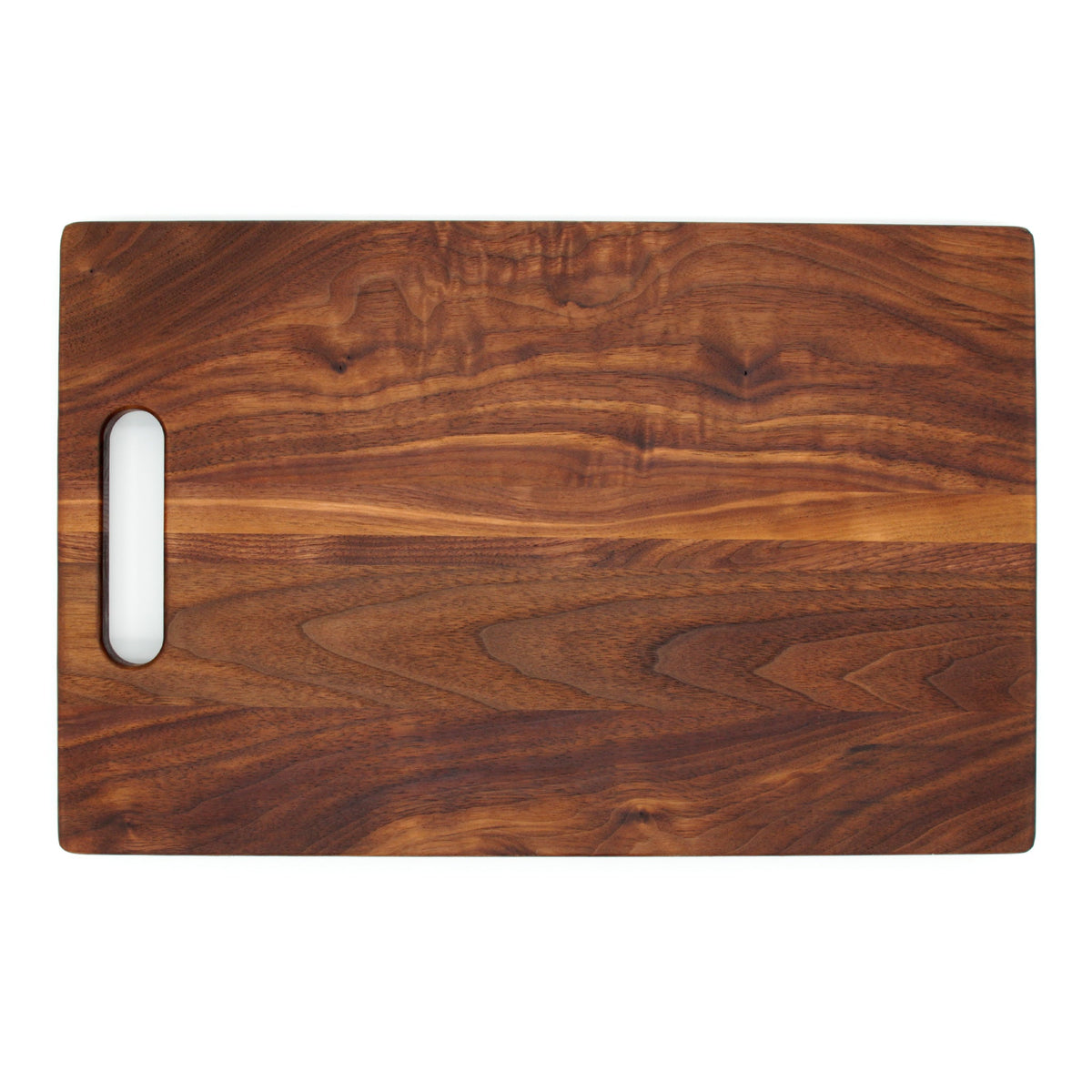 Walnut single handle cutting board, 16 x 10.5 in, overhead view showing swirling dark grain
