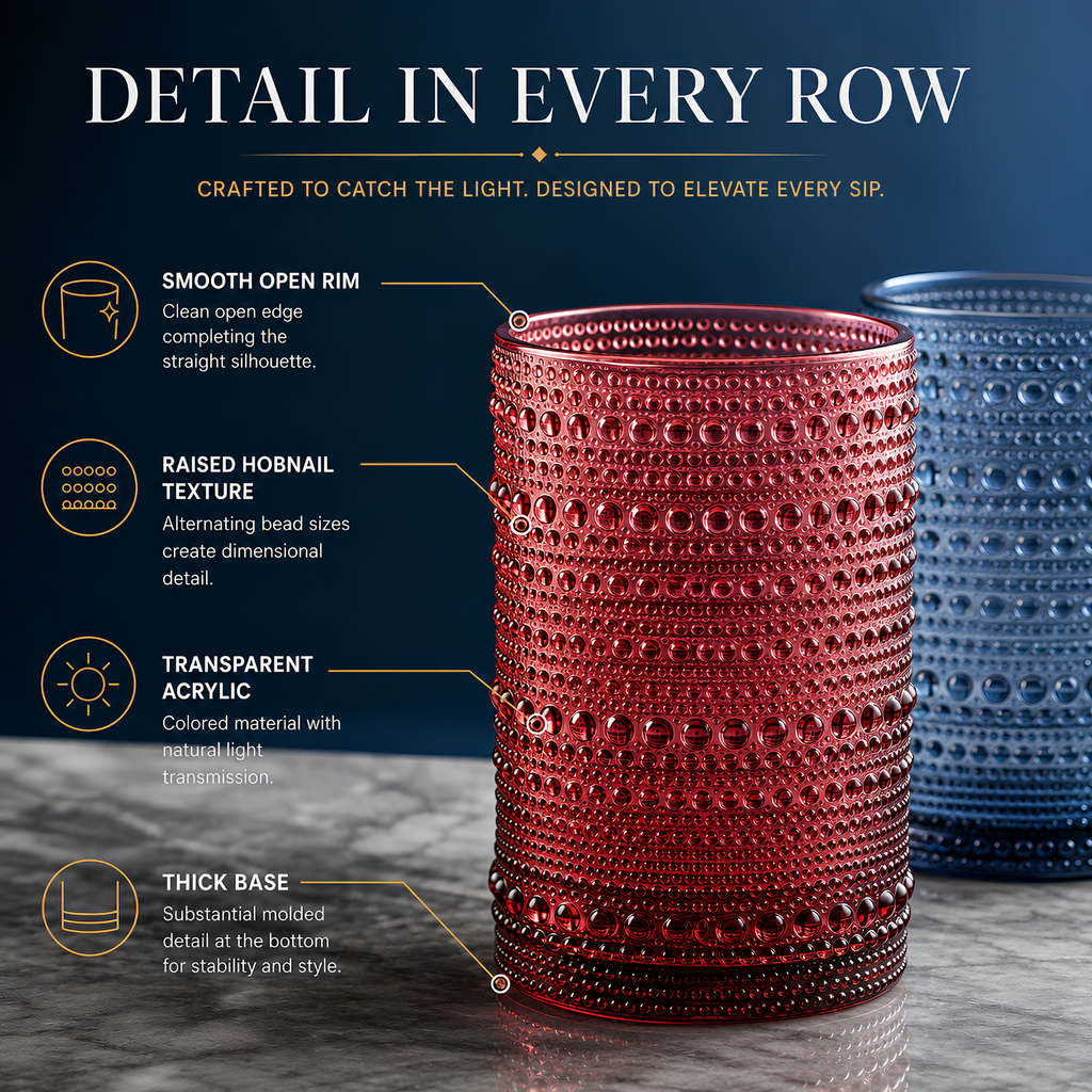 Muted Hobnail Highball and Lowball Glassware shown from a second angle against a pale neutral backdrop