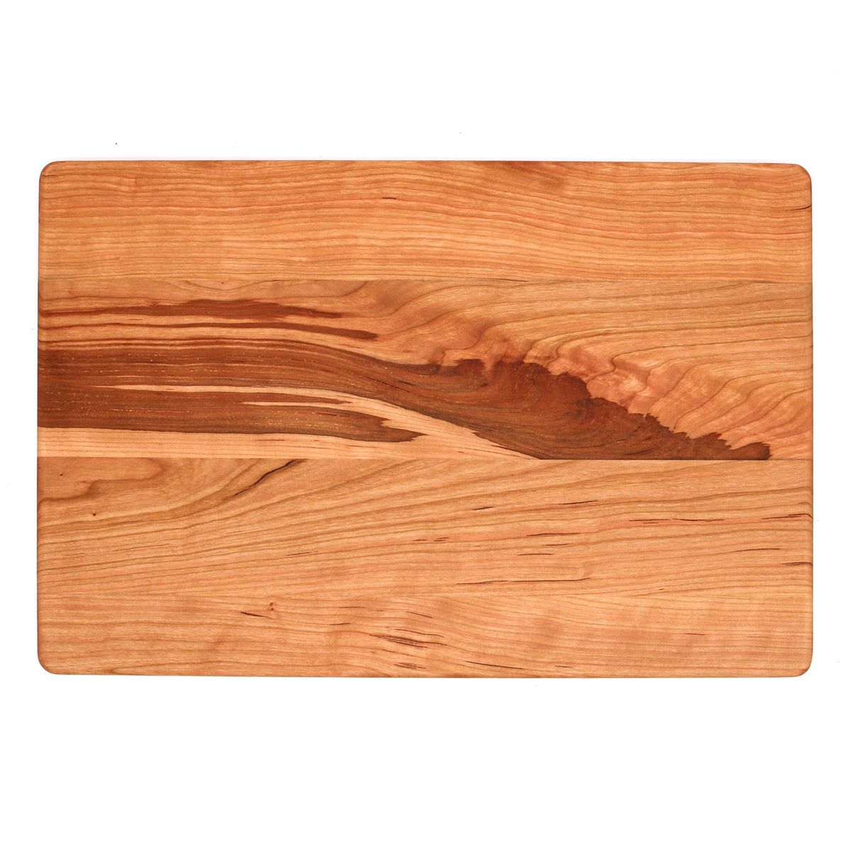 Cherry cutting board, 18 x 12 in, overhead view of the plain face with a dramatic dark grain streak