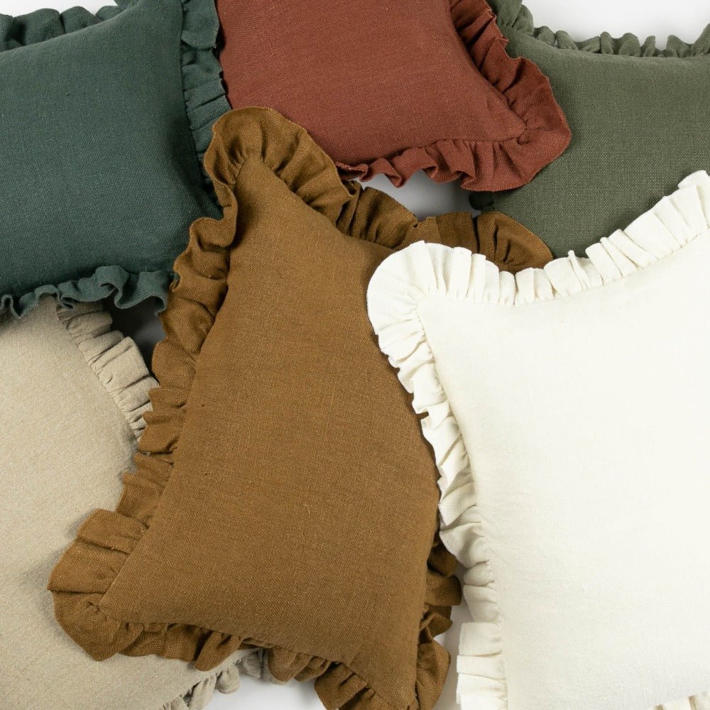Anita Linen Pillow Cover, Mustard Ruffled, alternate view