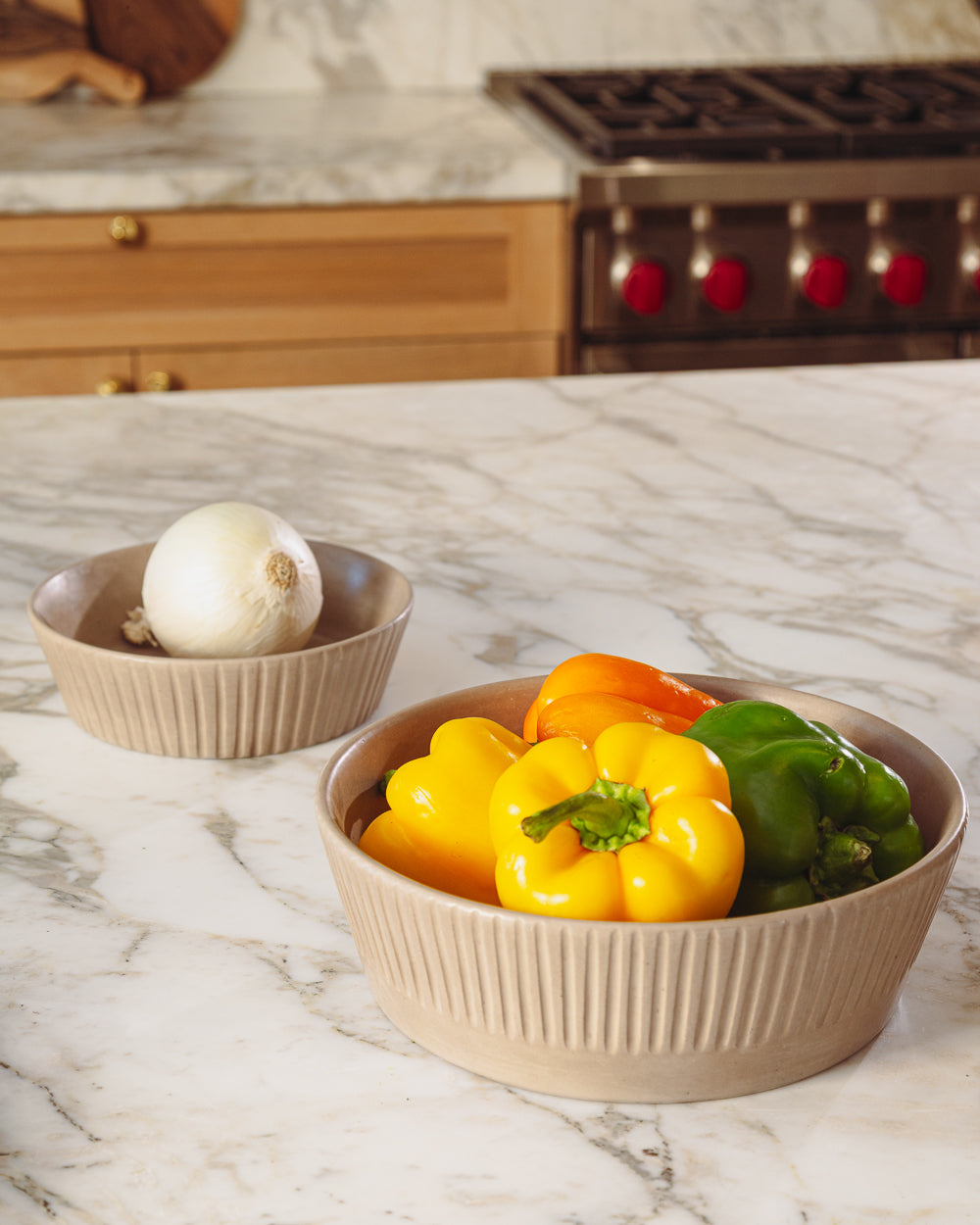 Carved Clay-Toned Ceramic Pasta Bowls, Set of 4, another angle