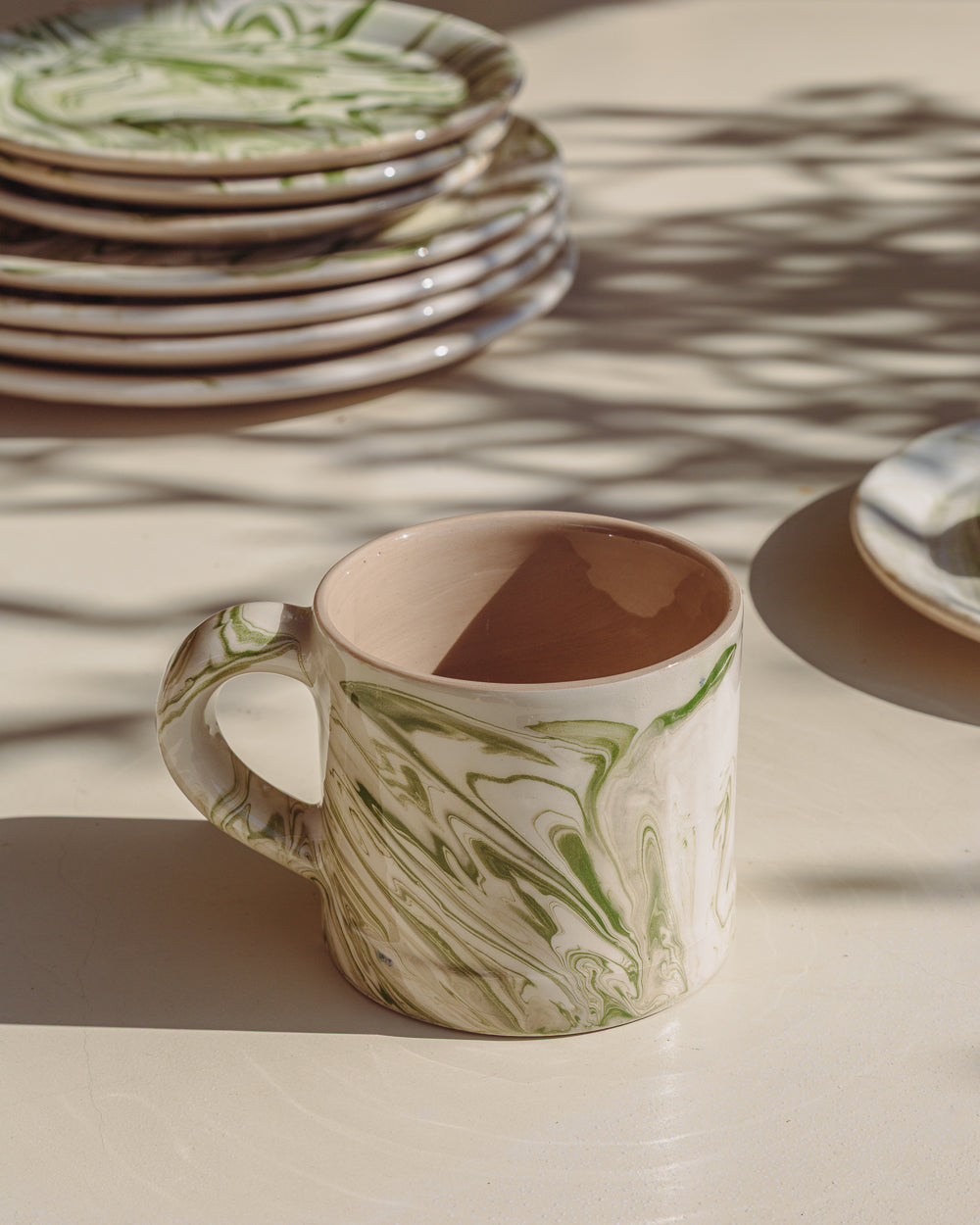 Marbled Olive Green Ceramic Mug, detail view