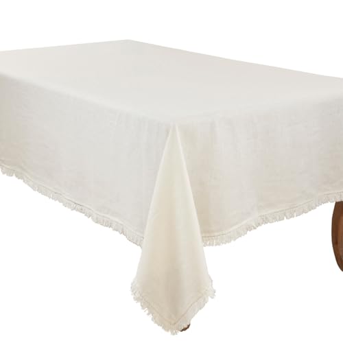 Stonewashed Linen Fringe Tablecloth, Ivory, view 5
