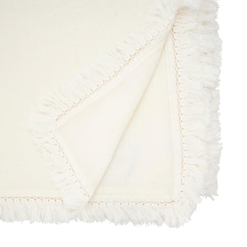 Stonewashed Linen Fringe Tablecloth, Ivory, detail view