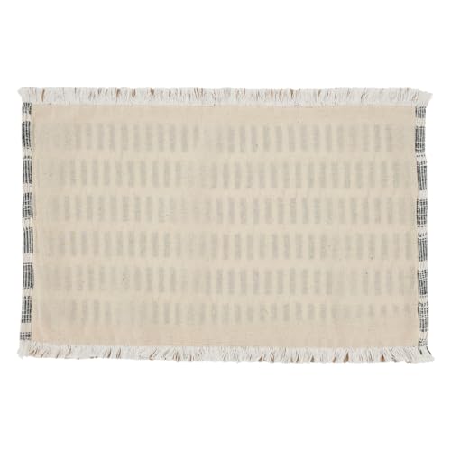 Reverse side of a woven stitch placemat showing the plain cream backing, fringe and black striped side edges