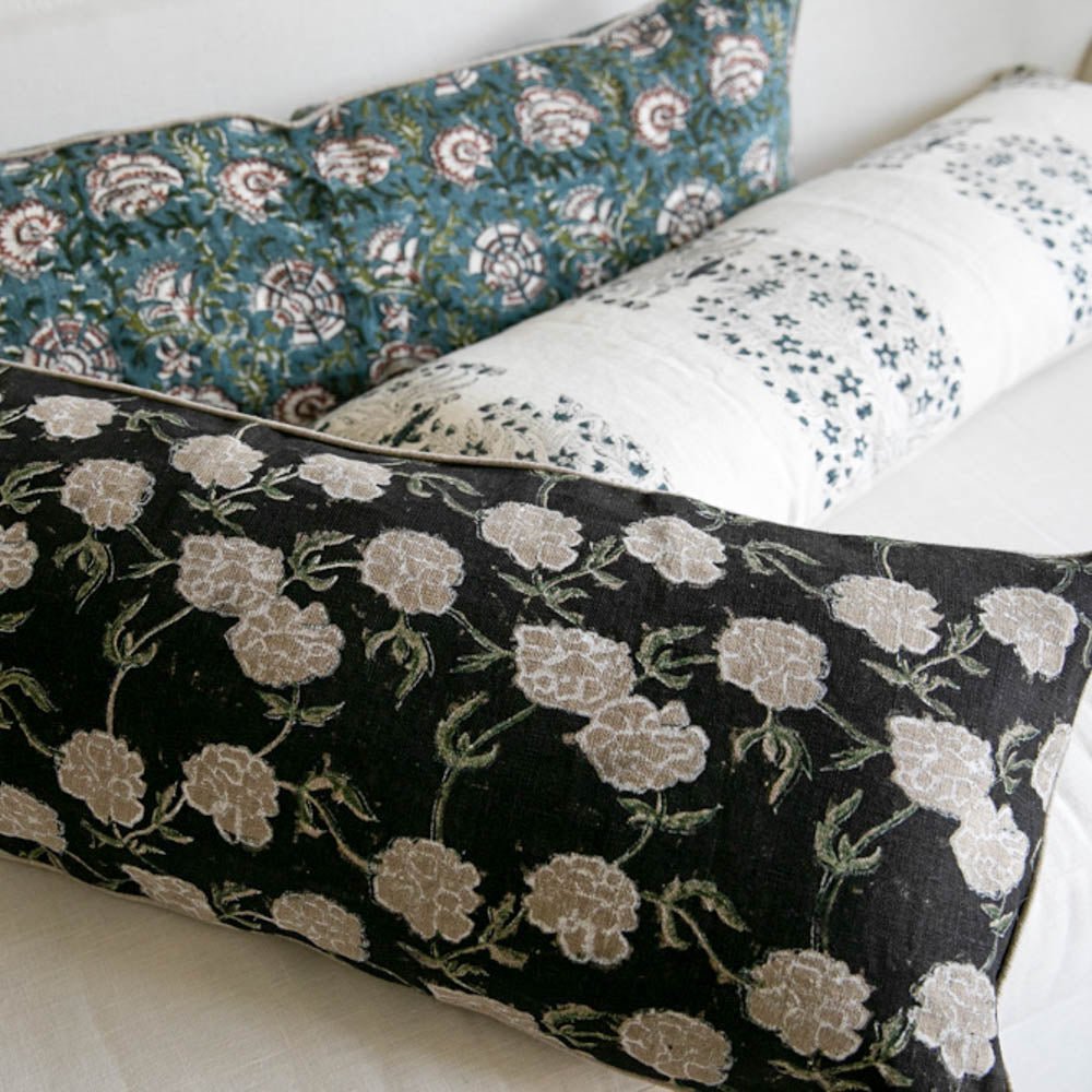 Maria Linen Floral Pillow Cover, Noir, alternate view