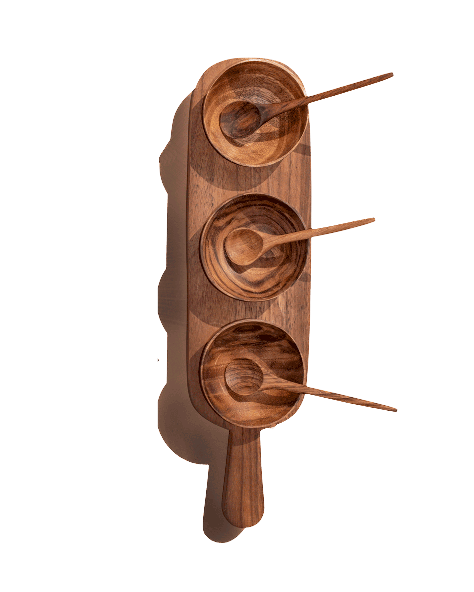 Carved Walnut Three Condiment Serving Set