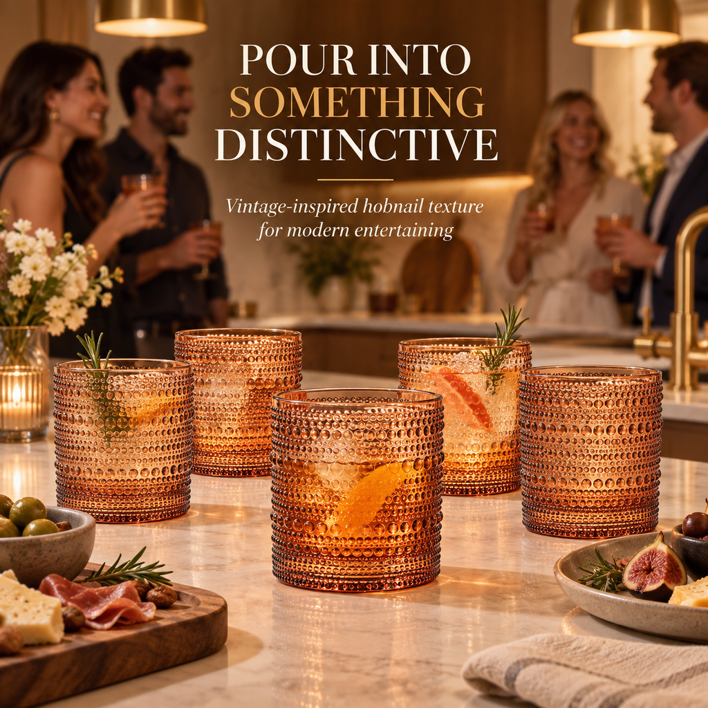 Muted Hobnail Lowball Glassware shown beside companion pieces from the same maker's line