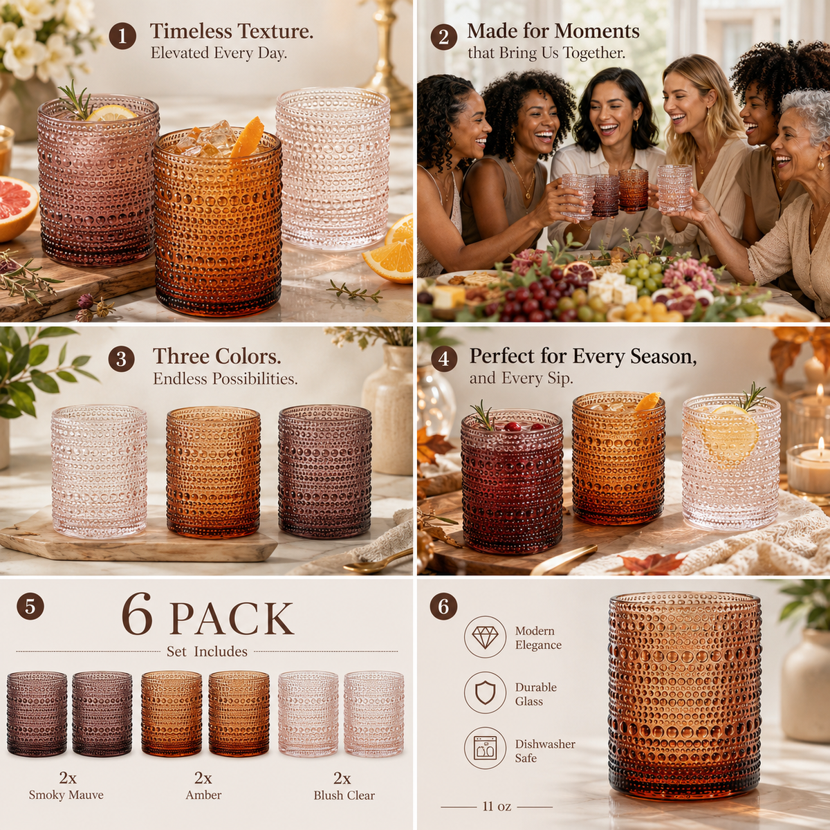 Amber Hobnail Lowball Glassware shown from a second angle against a pale neutral backdrop