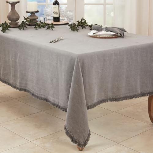 Stonewashed Linen Fringe Tablecloth, Ivory